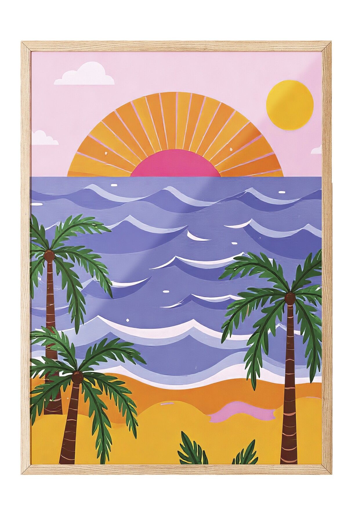 Postifull Ahşap Çerçeveli Tablo, Plaj Manzarası, İllüstrasyon, Maximalist, Pembe Renk Poster, 2025 Yaz Seçkisi