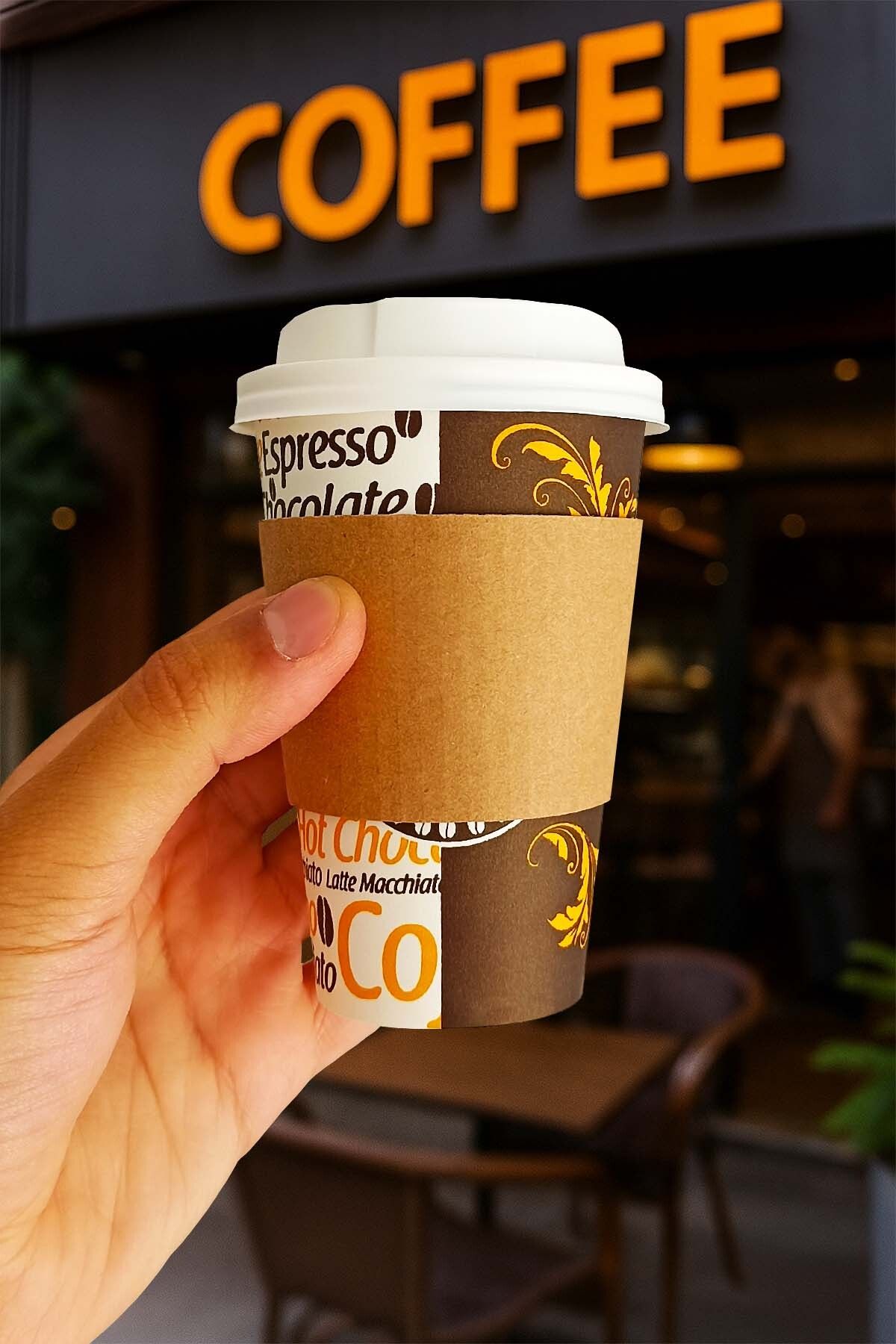 Afra Tedarik 300 ml Beyaz Kapaklı Tutamaçlı Karton Bardak 12 oz Latte Kahve Kağıt Kaliteli Bardak Sleeve 100'lü