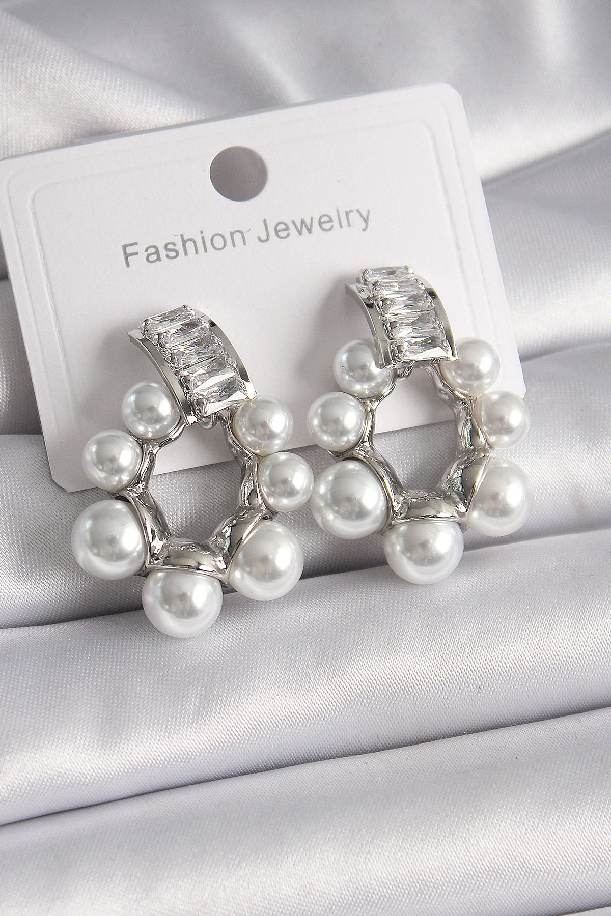 Toptan Bulurum-Brass Silver Color Waterway Zircon Cubic Zirconia Pearl Ring Model Women's Earrings 1