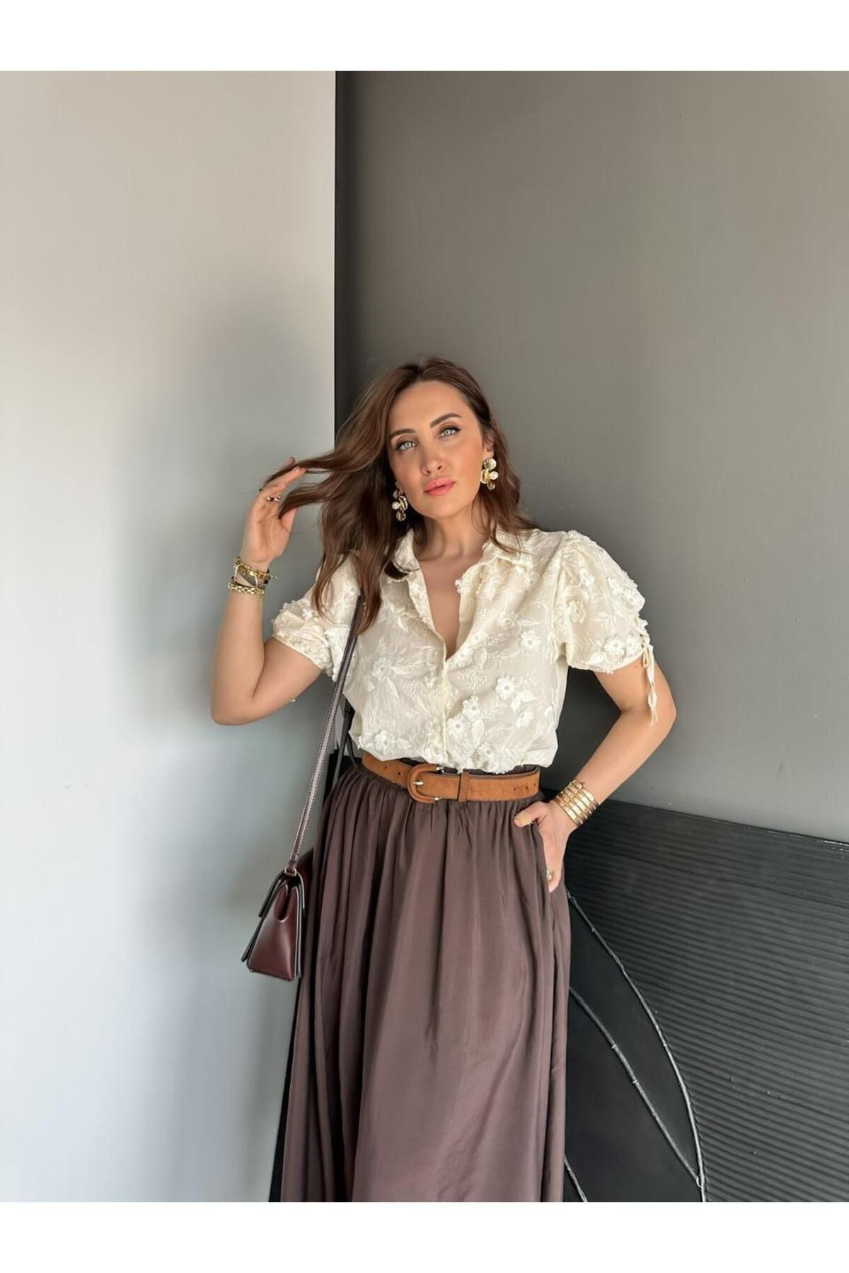Zerrincan Giyim Krem Çiçek Motifli Karpuz Kol Gömlek