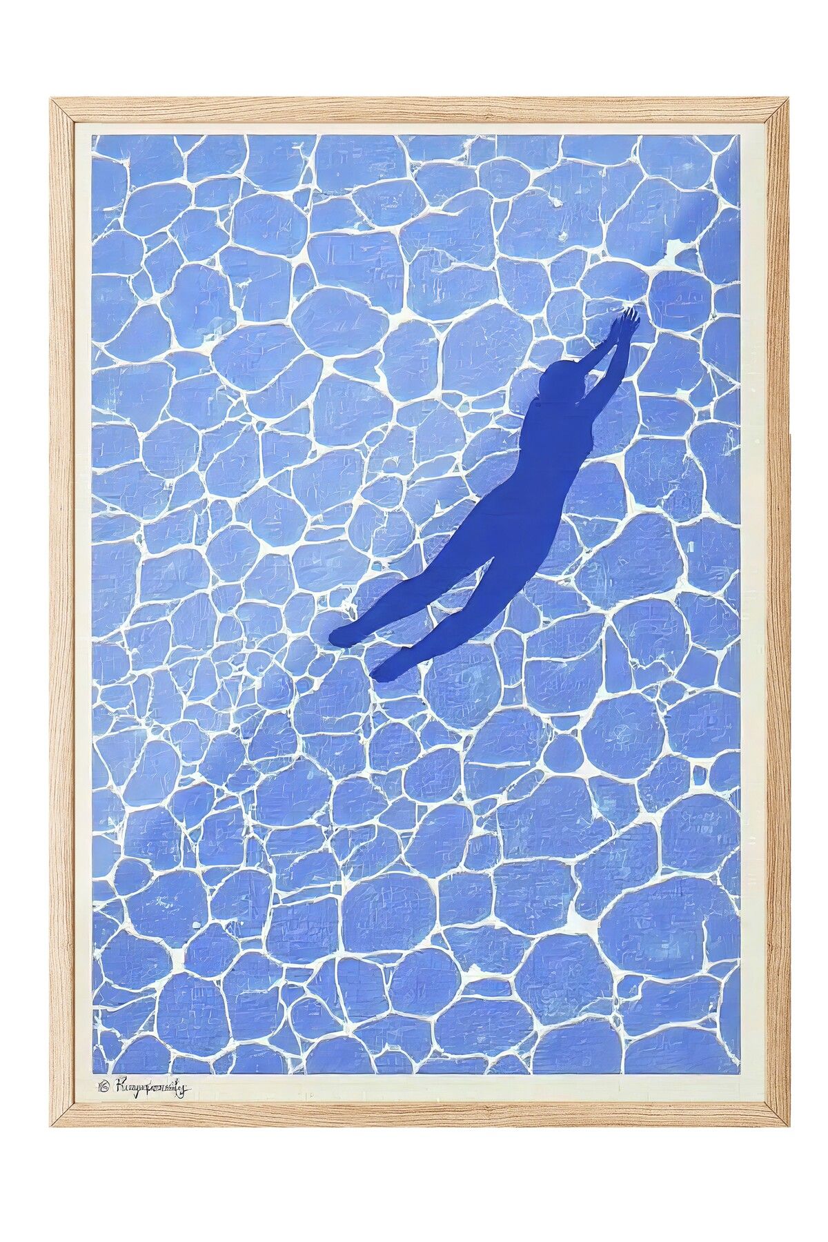 Postifull Ahşap Çerçeveli Tablo, Yüzen Kadın Gölgesi, İllüstrasyon, Mavi Renk Poster, 2025 Yaz Seçkisi, NO:109