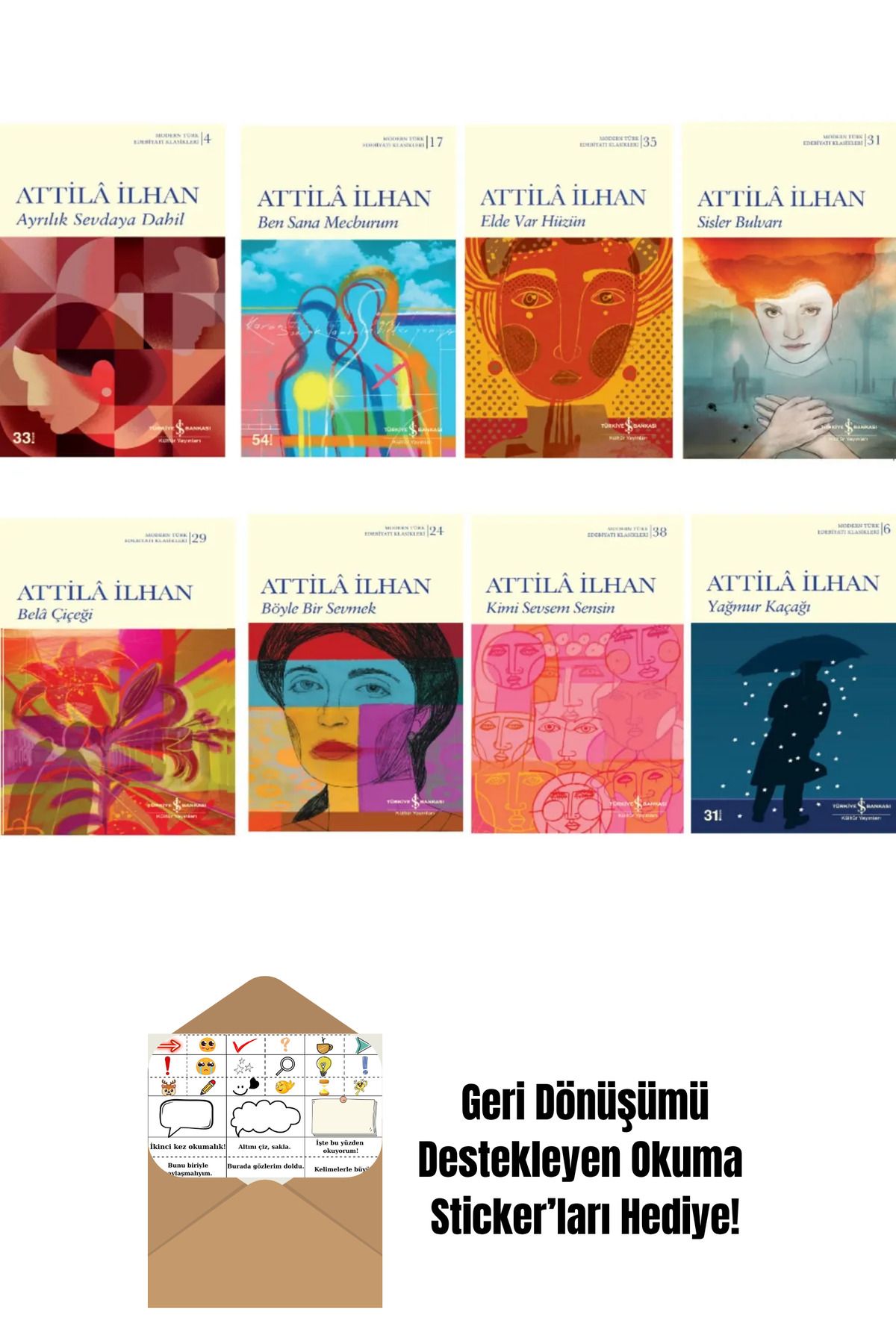 TÜRKİYE İŞ BANKASI KÜLTÜR YAYINLARI 8 Kitap Set - Attila İlhan + Okuma Sticker'ları