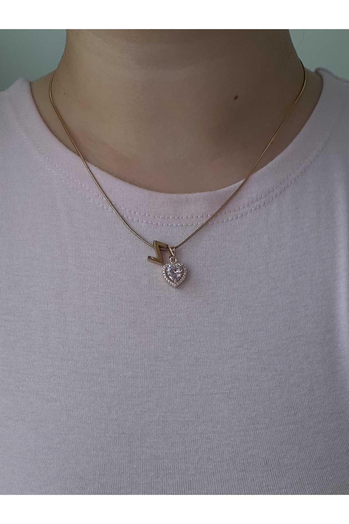 bijoux uniques Gold Pembe Kalpli Z Harfli Çelik Kolye
