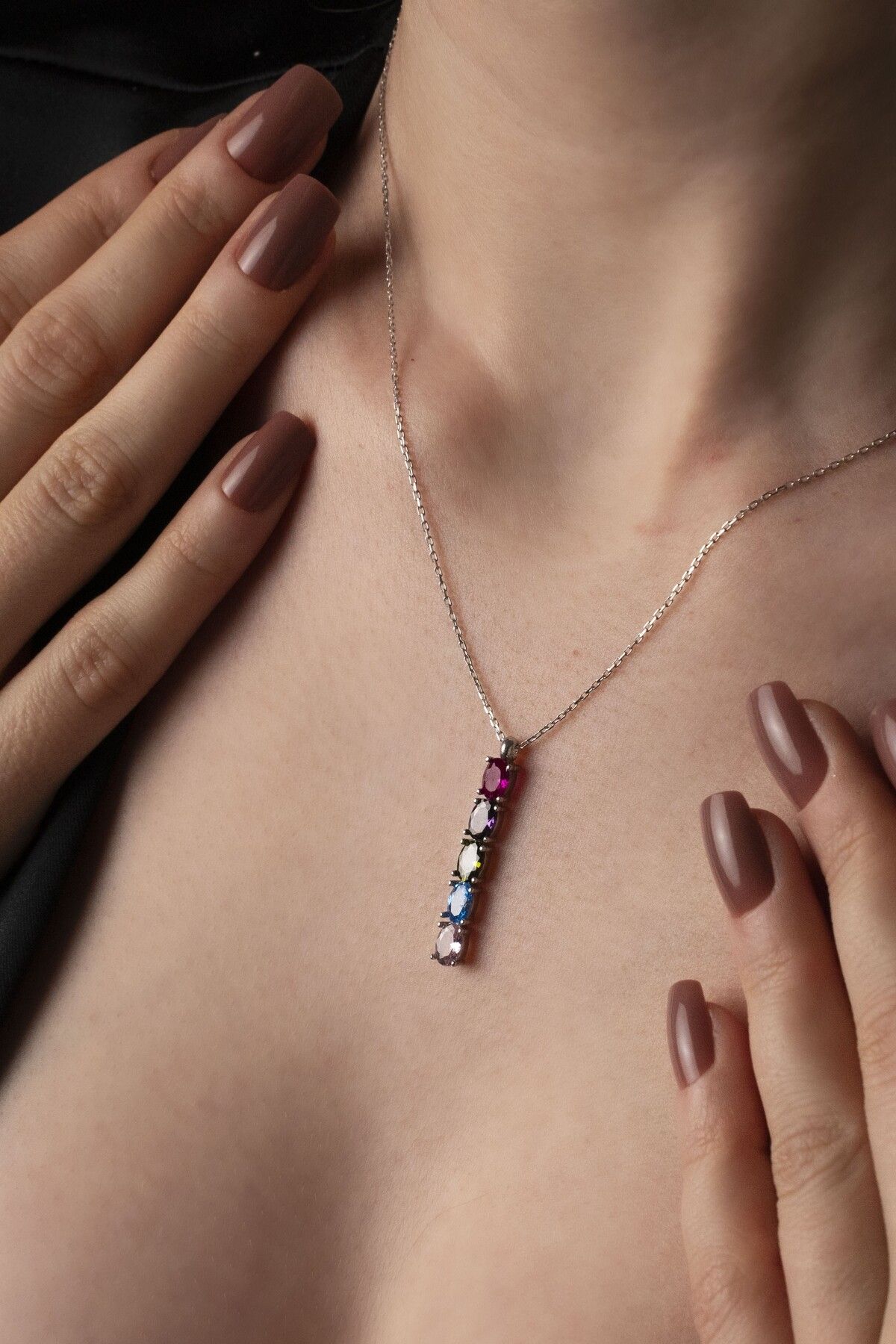 TigerxlJewellery 925 Ayar Gümüş Renkli Taşlı Dikey Kolye