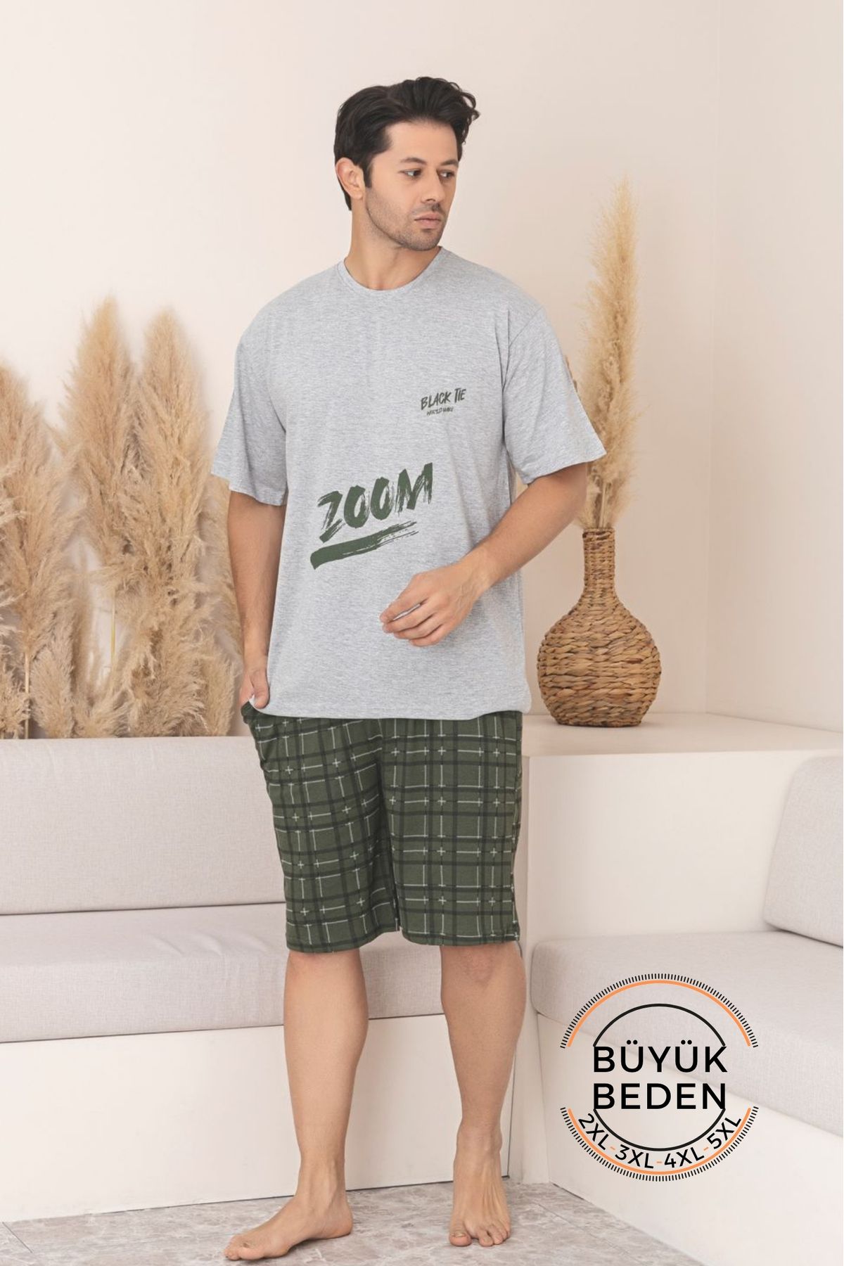 Farya Home Büyük Beden Pamuklu Cepli Kısa Kollu Şortlu Erkek Pijama Takımı