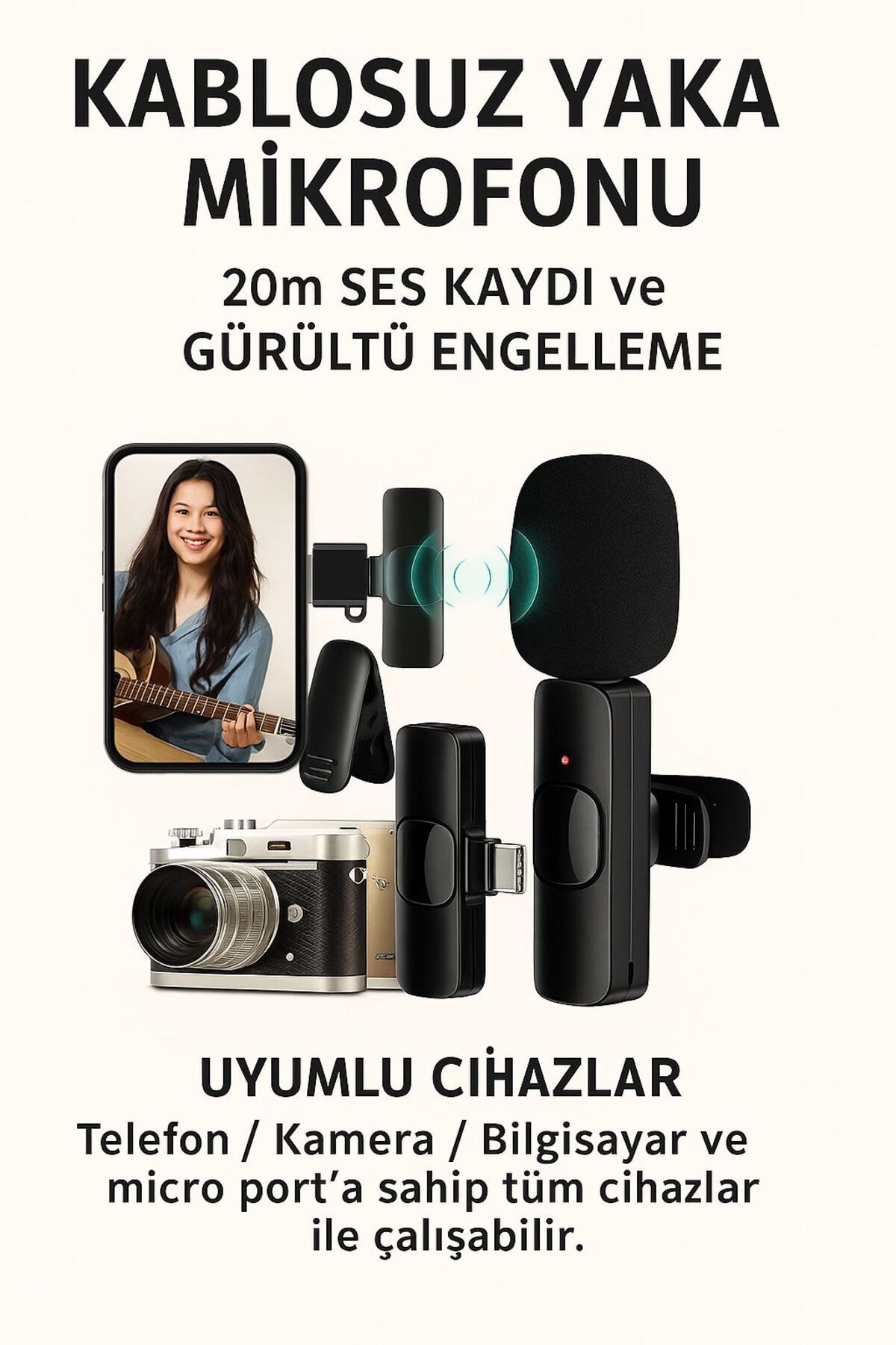 Kelepir Fırsatlar Kablosuz Yaka Mikrofonu – Gürültü Engelleyici, 20 Metre Menzilli