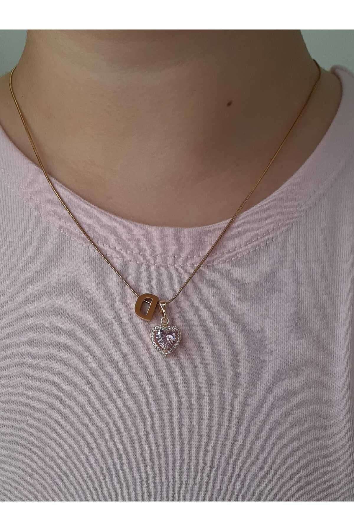 bijoux uniques Gold Pembe Kalpli D Harfli Çelik Kolye