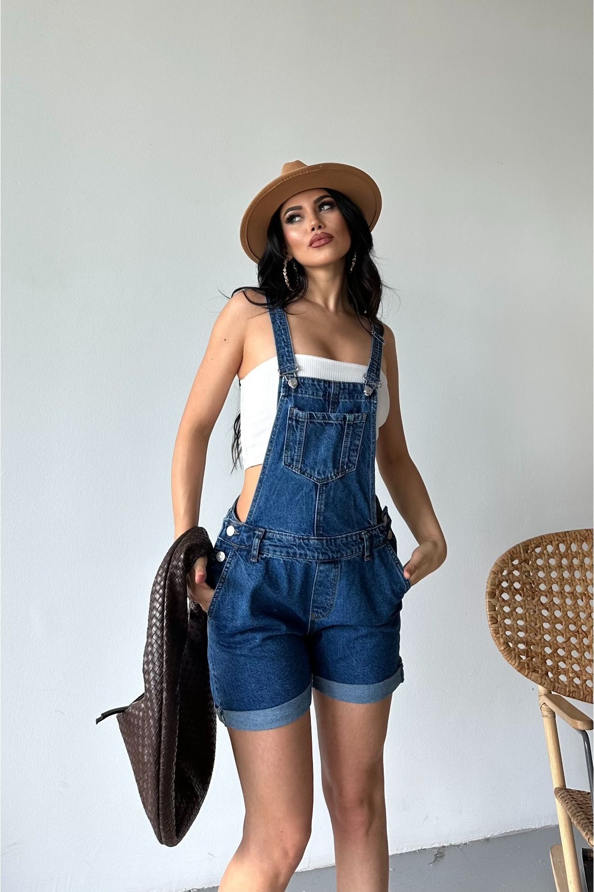 DESTEMODA Kadın Kot Askılı Şortlu Salopet Denim Mavi 4504
