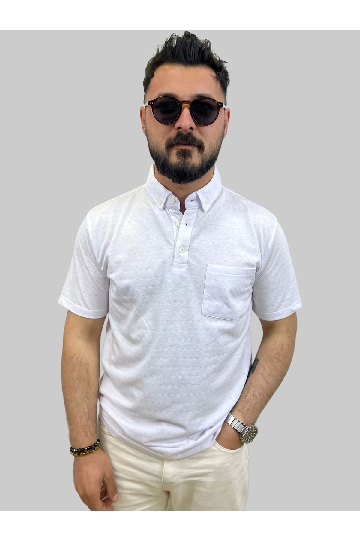 daniel milano Erkek Bymn Desenli Cepli Polo Yaka Beyaz Tişört