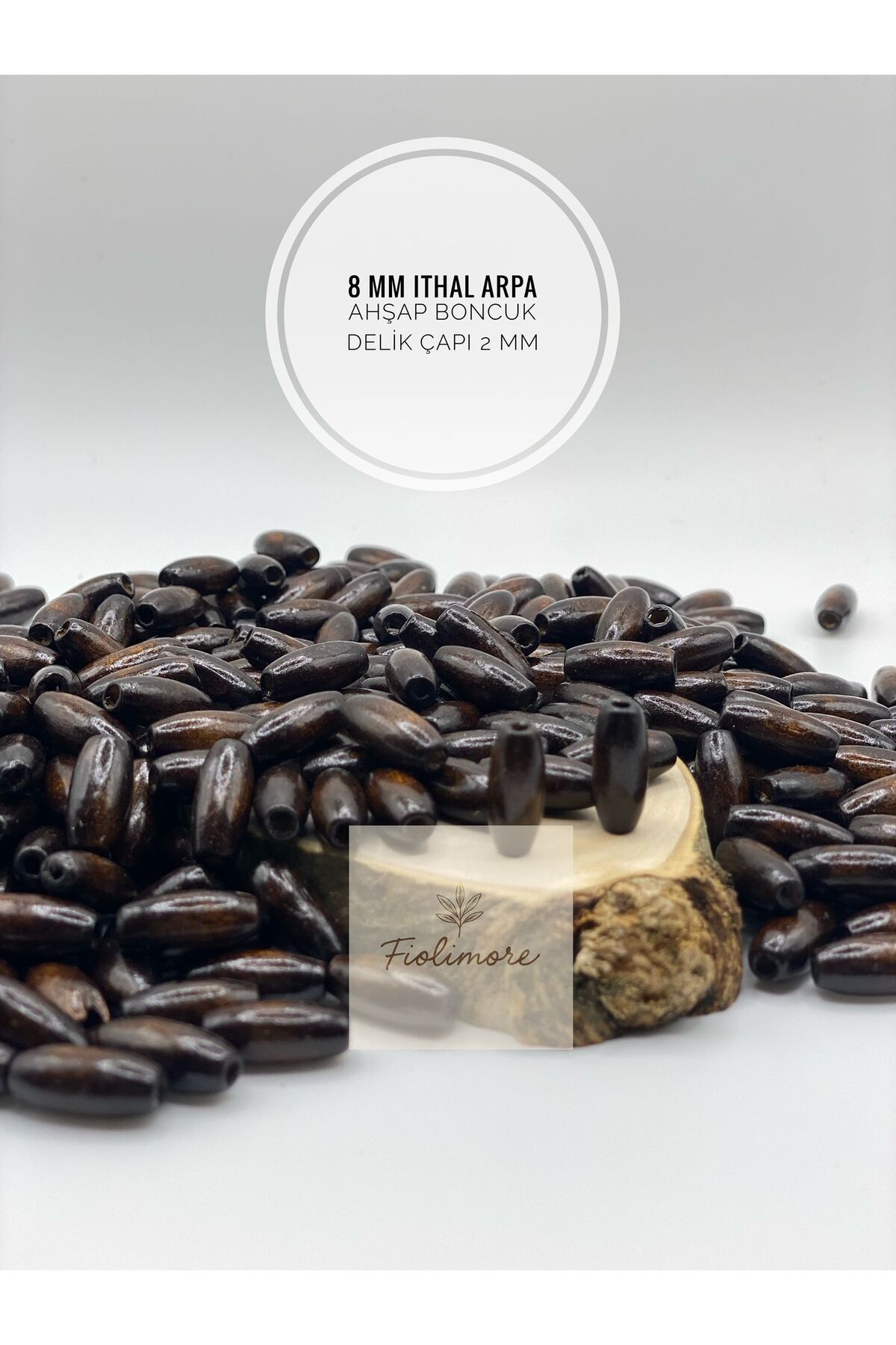 Fiolimore 8mm Ithal Arpa Model Kahverengi Ahşap Boncuk Delik Çapı 2mm(25 Gr 110 Adet)Çanta Takı Bileklik