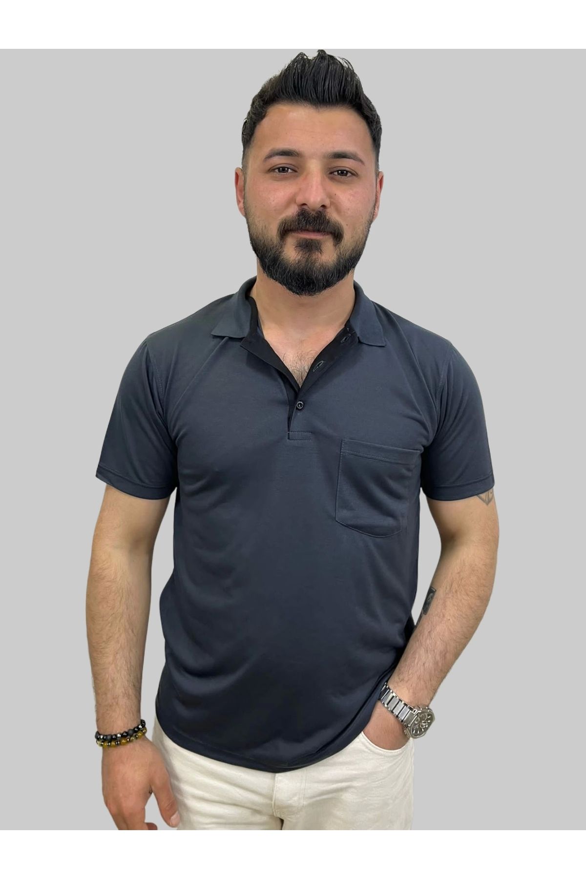 daniel milano Erkek Gnsn Düz Ringelli Polo Yaka Füme Tişört