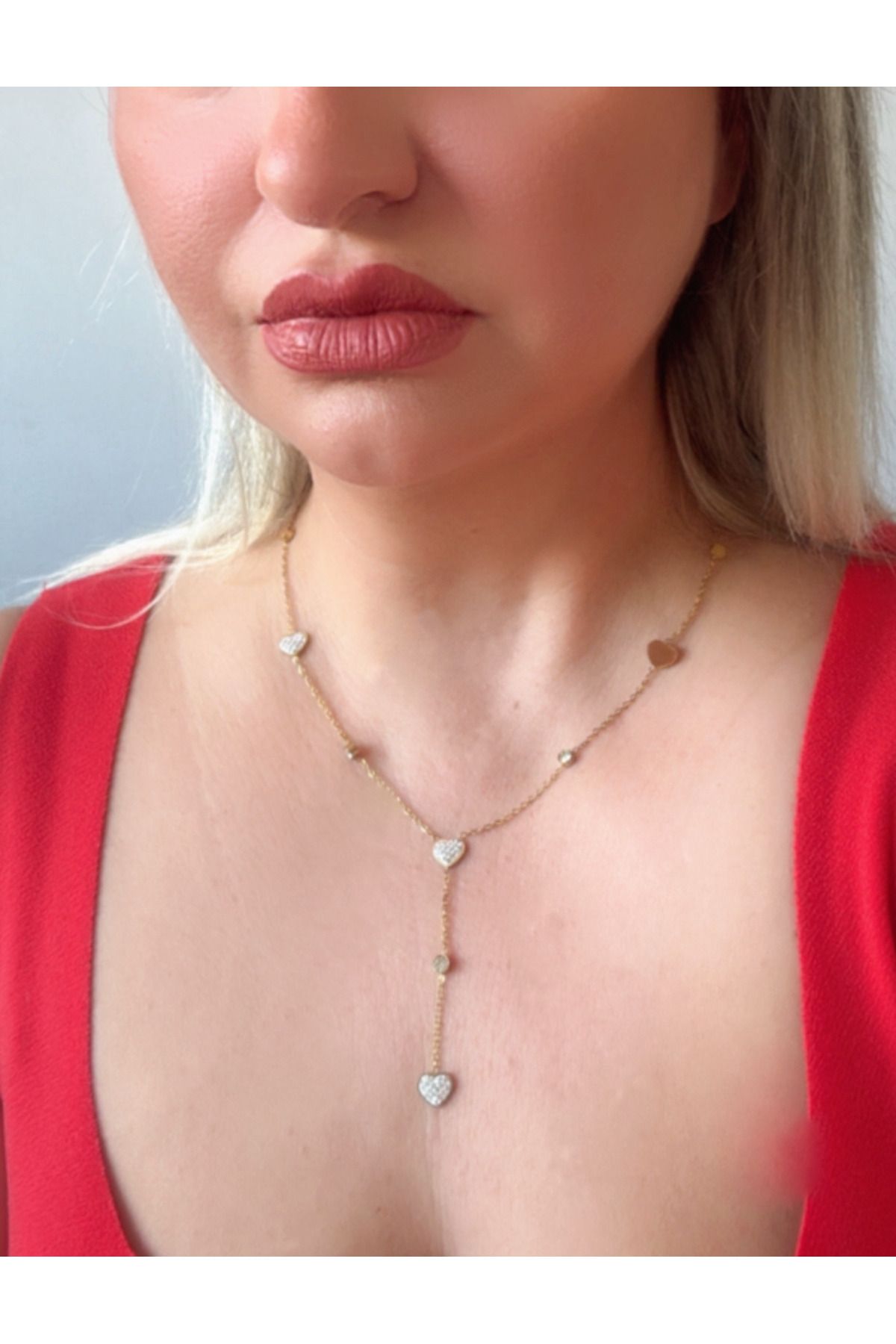 bs bellss accessory Zirkon Taşlı Kalp Y Model Kolye