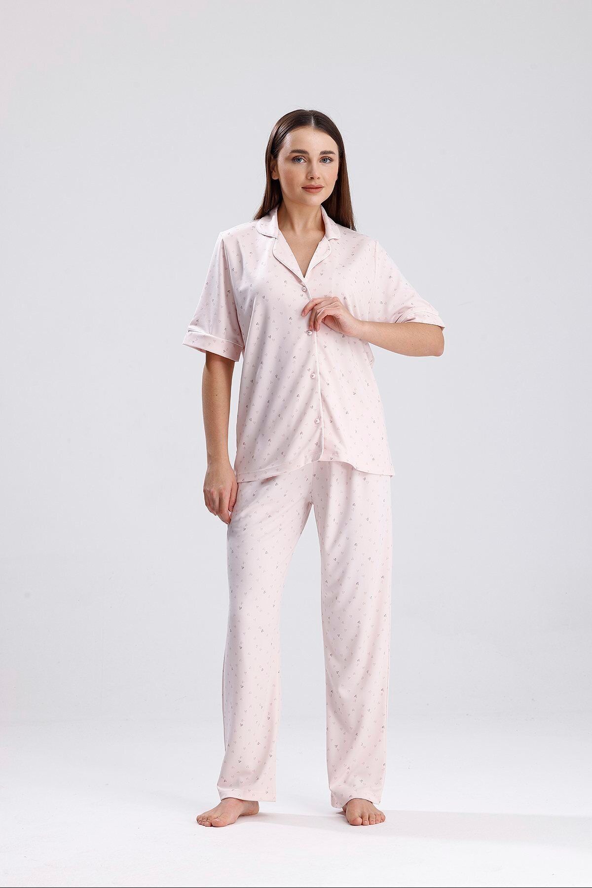 Espuar 772 Kadın Önden Düğmeli Kalp Desenli Pijama Takımı
