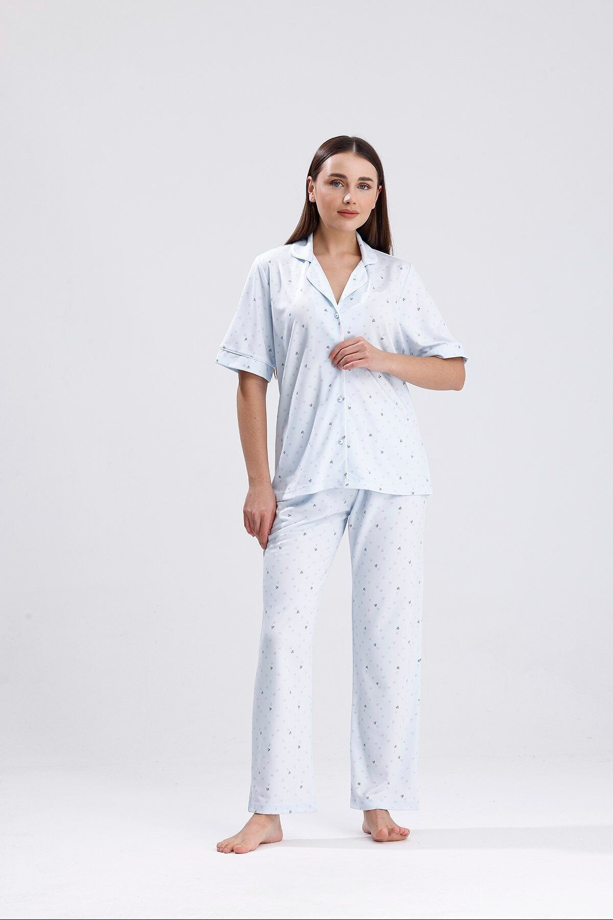 Espuar 772 Kadın Önden Düğmeli Kalp Desenli Pijama Takımı