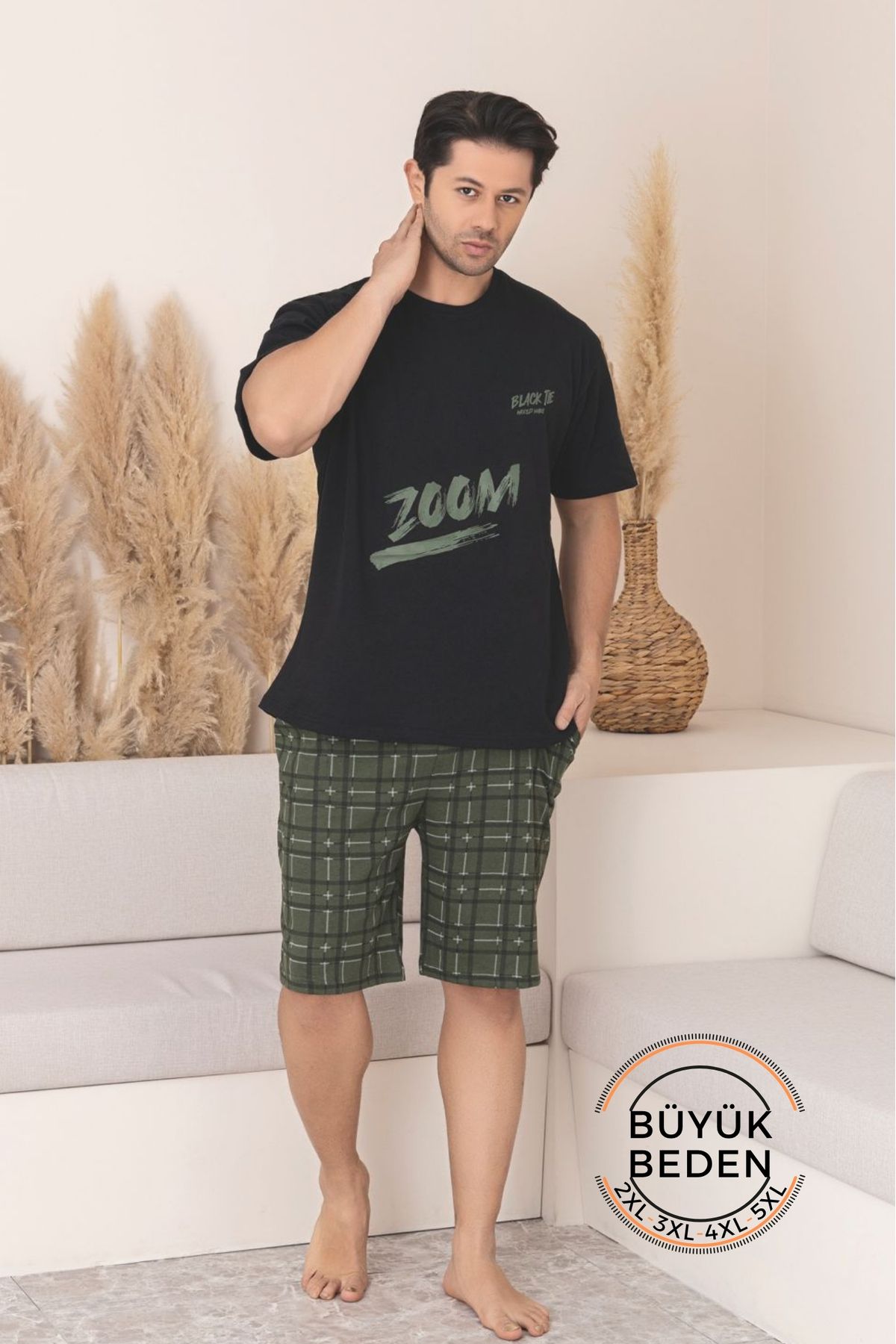 Farya Home Büyük Beden Pamuklu Cepli Kısa Kollu Şortlu Erkek Pijama Takımı