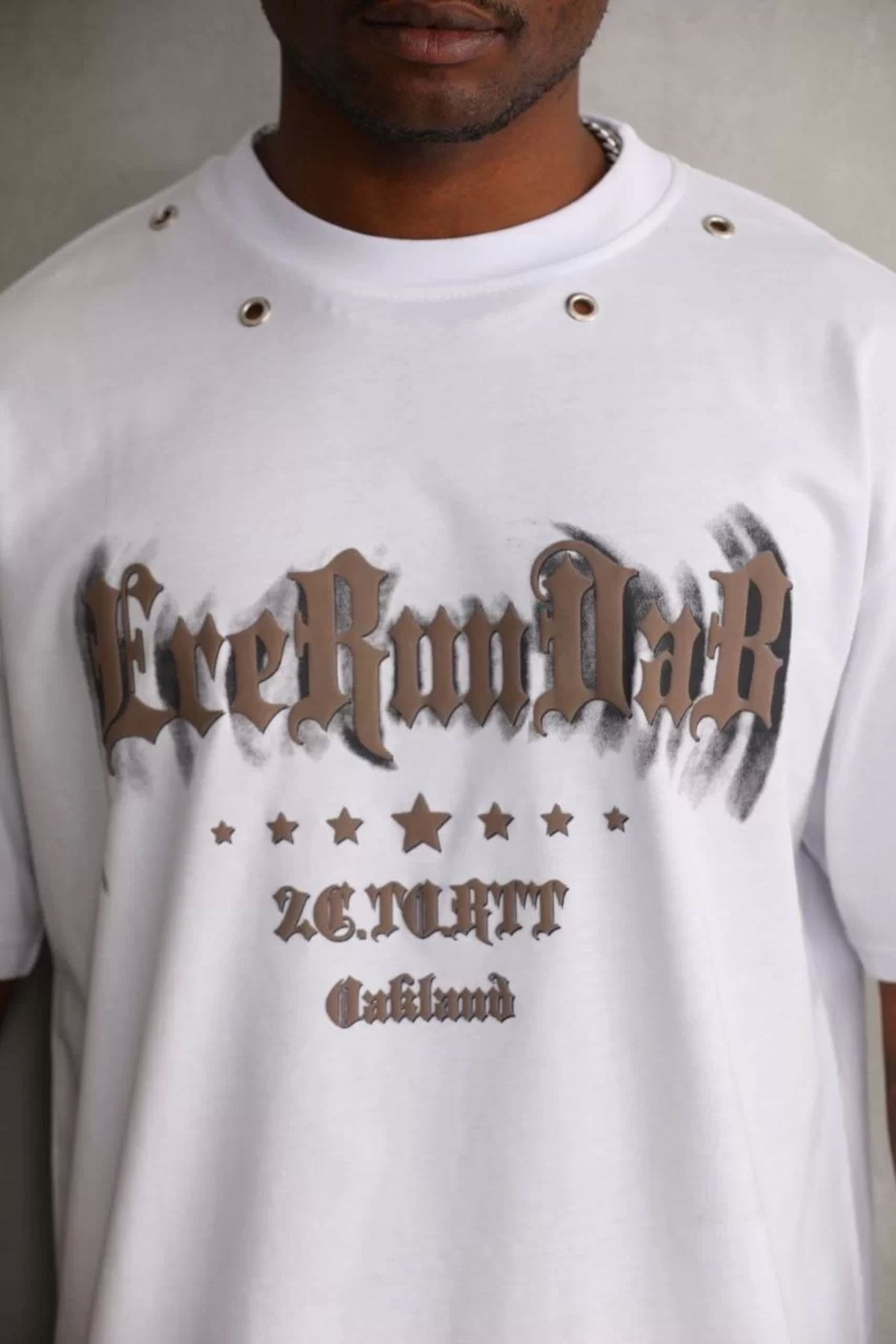 CanselButik Unisex Kuşgözü Detaylı Baskılı Oversize T-Shirt - Beyaz