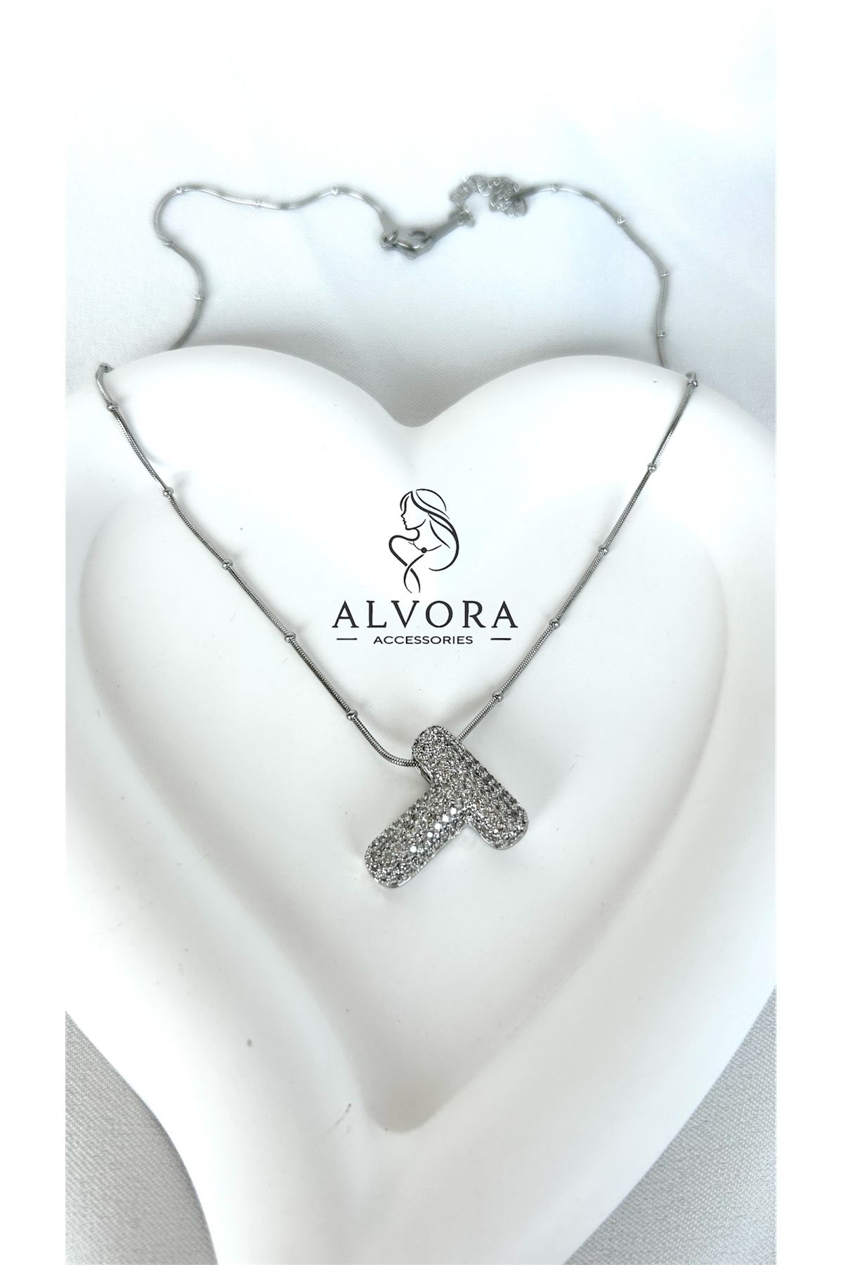 Alvora Accessories T Harfi Paslanmaz Çelik Zirkon Detaylı Harf Kolye