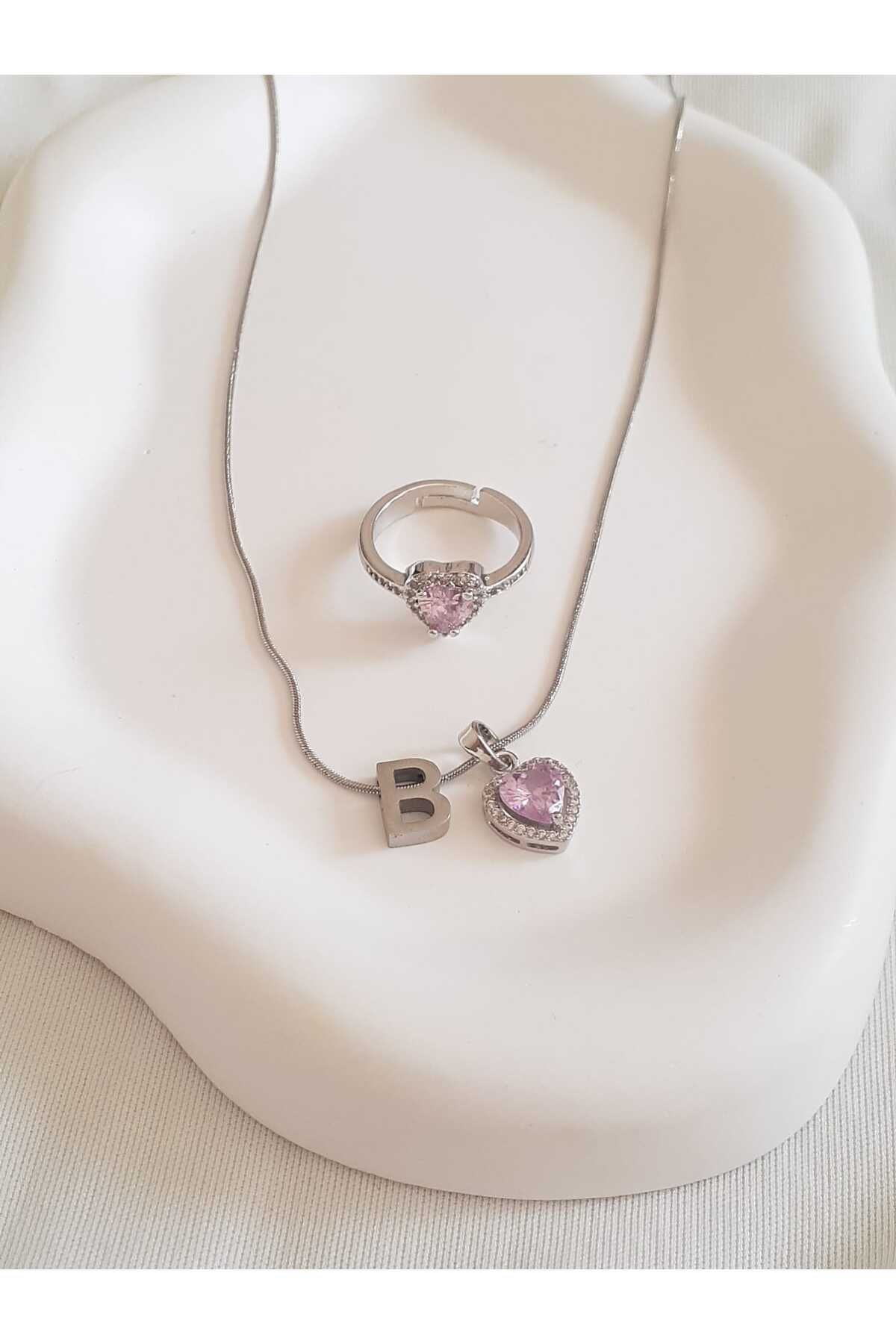bijoux uniques Çelik B Harfli Pembe Kalpli Kolye&Yüzük Seti