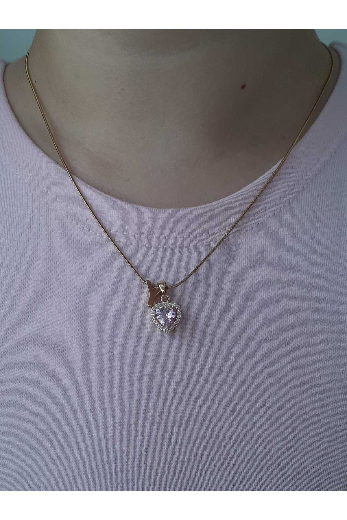 bijoux uniques Gold Pembe Kalpli Y Harfli Çelik Kolye
