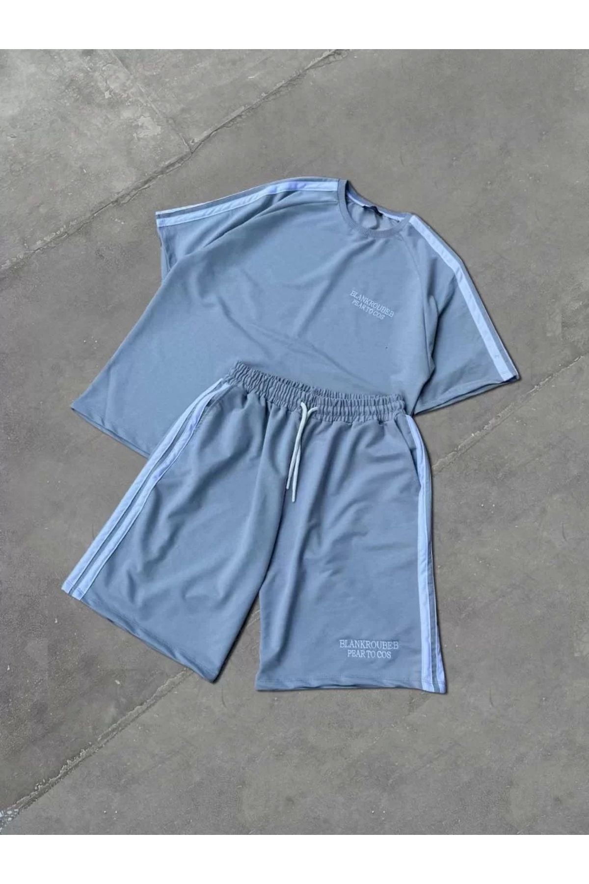 CanselButik Unisex Şeritli Baskılı Şortlu Takım - Boyalı Gri