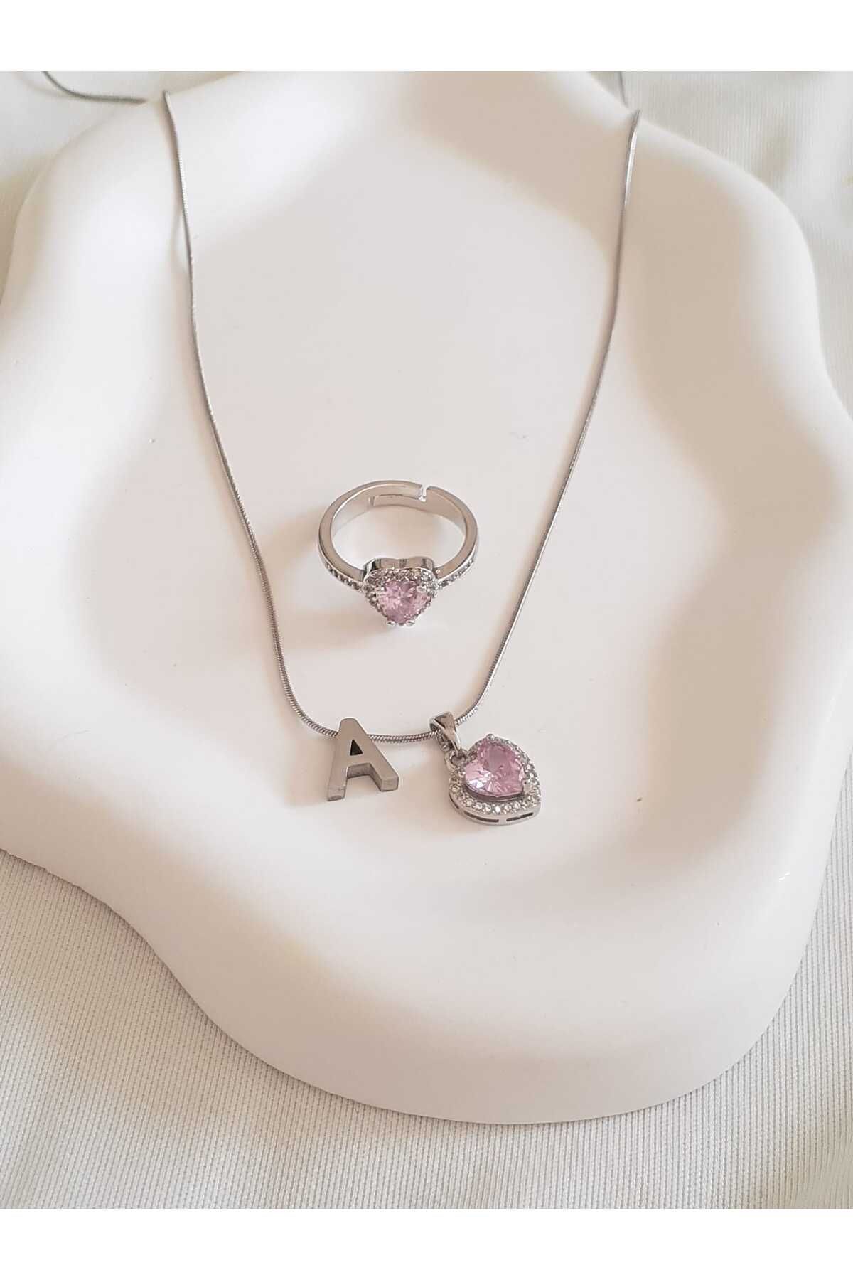 bijoux uniques Çelik A Harfli Pembe Kalpli Kolye&Yüzük Seti