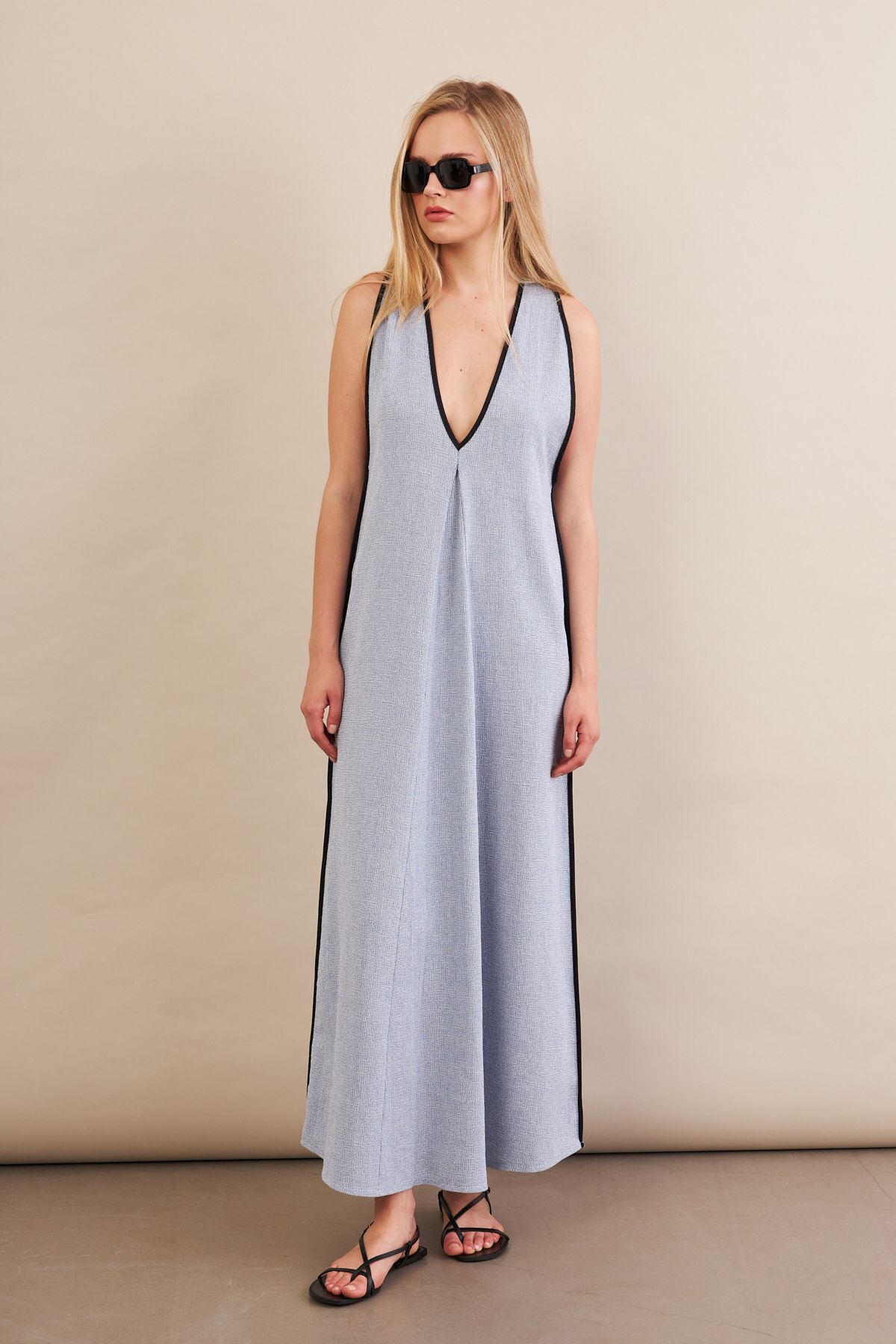 Cool & Sexy Kadın Mavi Kontrast Çizgili Maxi Keten Elbise MSİ101
