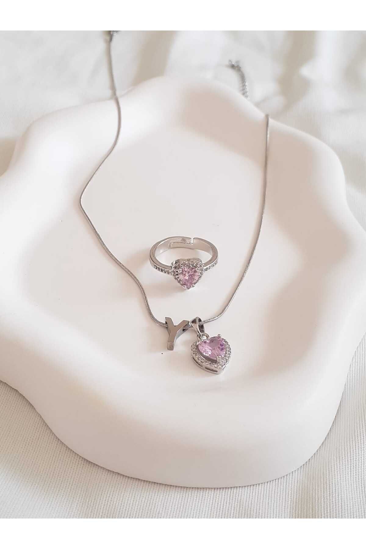 bijoux uniques Çelik Y Harfli Pembe Kalpli Kolye&Yüzük Seti