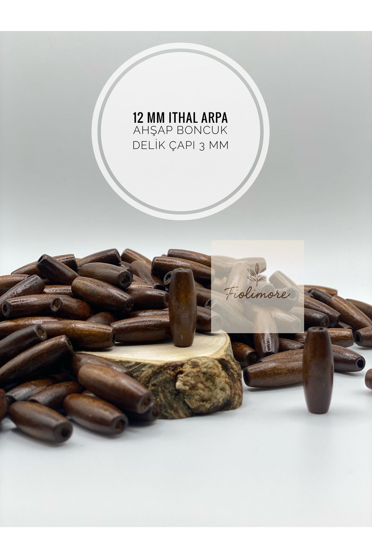 Fiolimore 12 mm Ithal Arpa Model Kahverengi Ahşap Boncuk Delik Çapı 3mm(25 Gr 48 Adet)Çanta Takı Bileklik