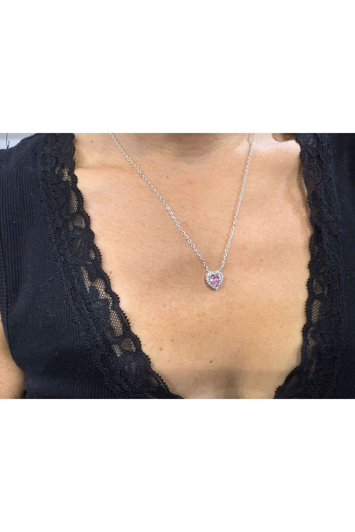 Store Pembe Taşlı Mini Kalp Kolye