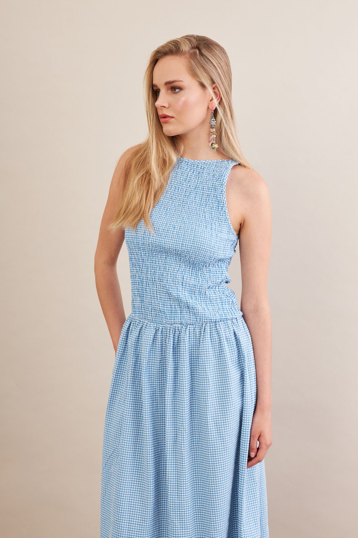 Cool & Sexy Kadın Mavi Beli Lastikli Gipeli Midi Elbise ZH130