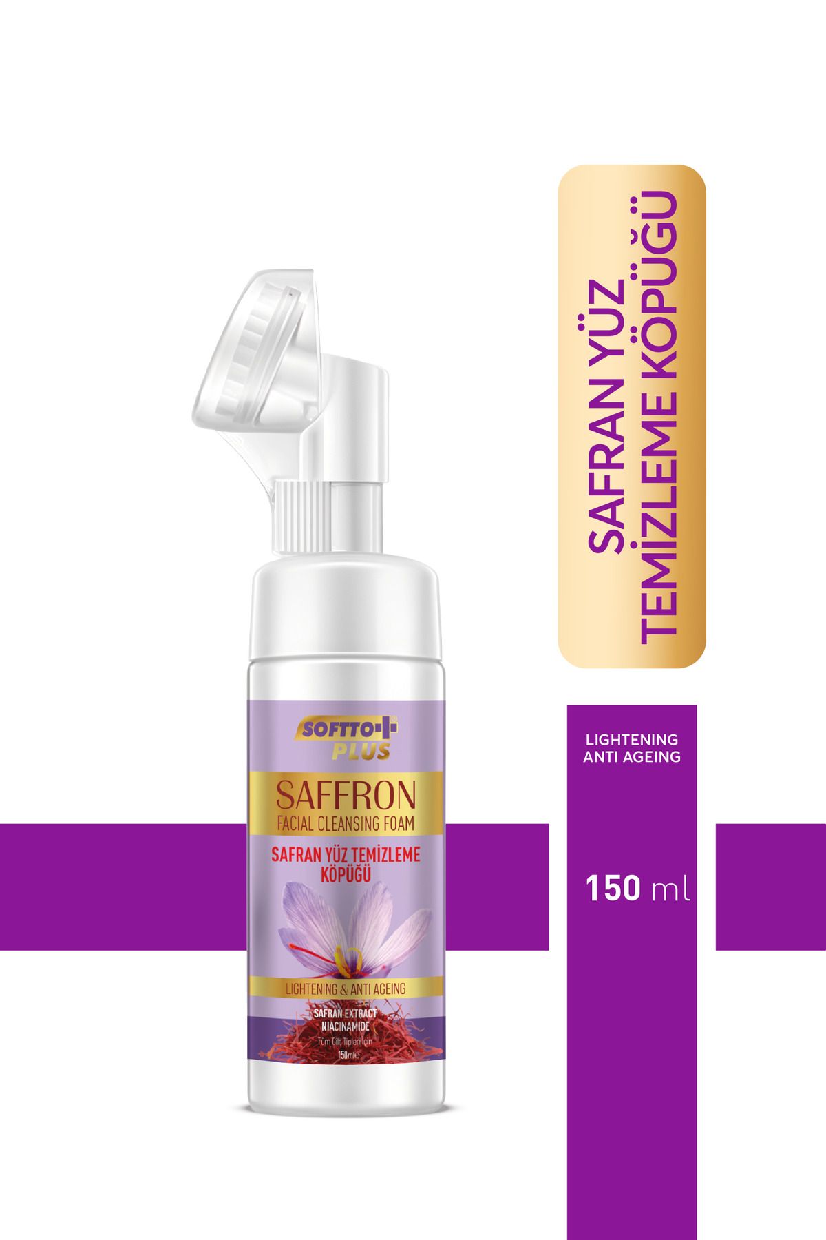 Softto Plus Aydınlatıcı ve Niacinamide içerikli Safran Fırçalı Yüz Temizleme Köpüğü 150ml