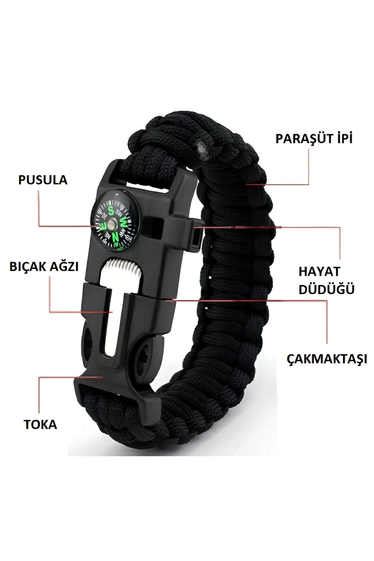 Gritille Çok Amaçlı Hayatta Kalma Bilekliği Düdüklü Pusulalı Outdoor Kamp Bilekliği