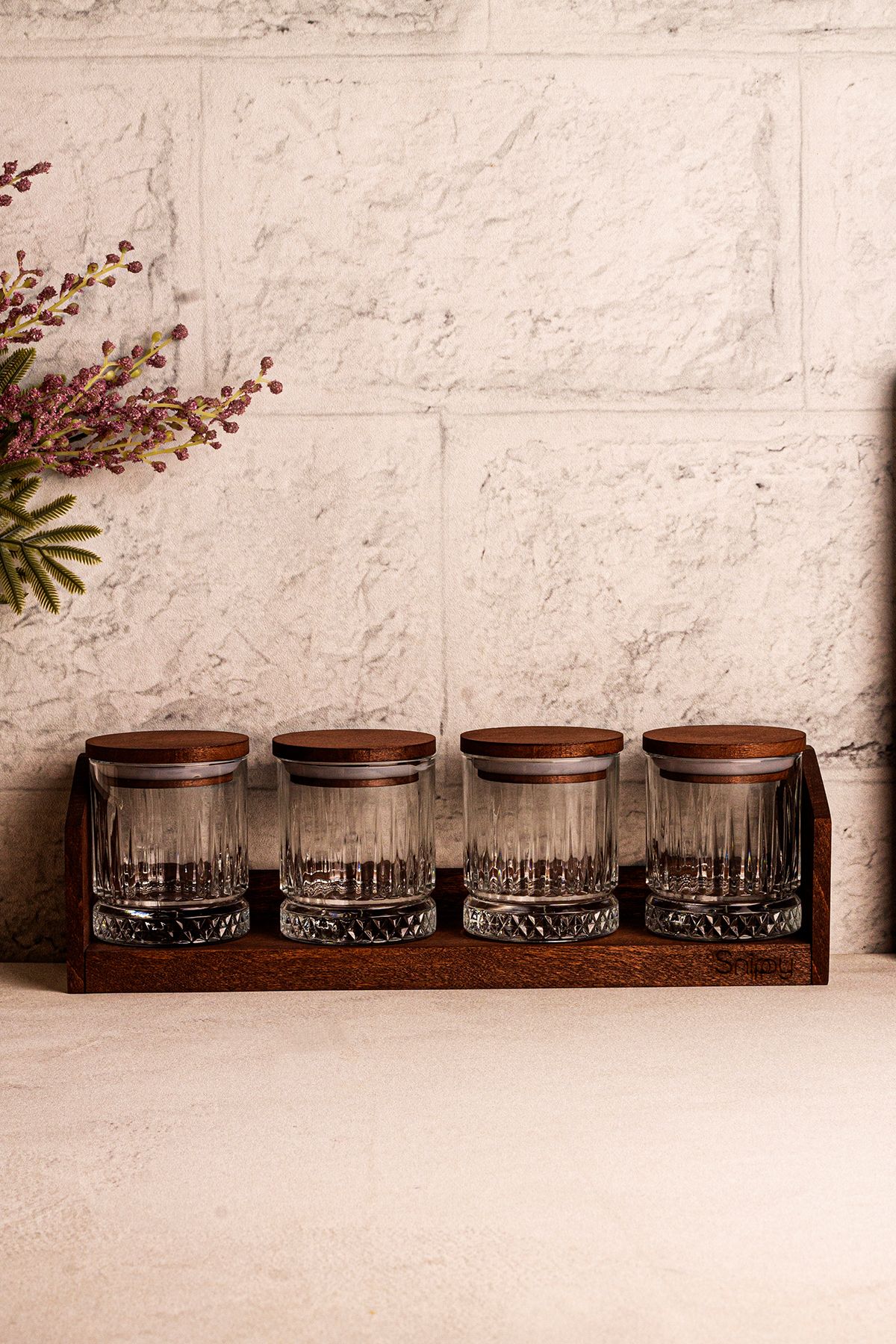 Snippy-Mira Small - Set of 4 Vacuum Wooden Lid Glass Spice Jar Set with Stand Storage Container Set 210 ml 6