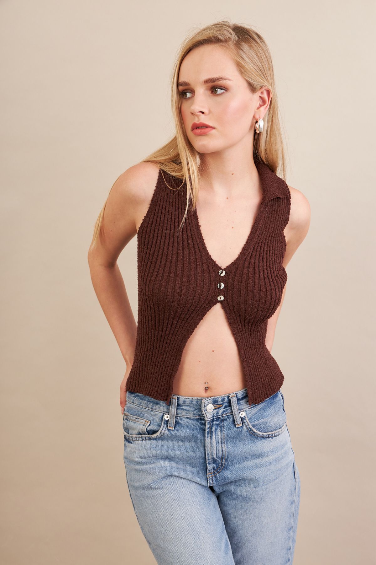 Cool & Sexy Kadın Kahverengi Polo Yaka Yumoş Yelek ZH050