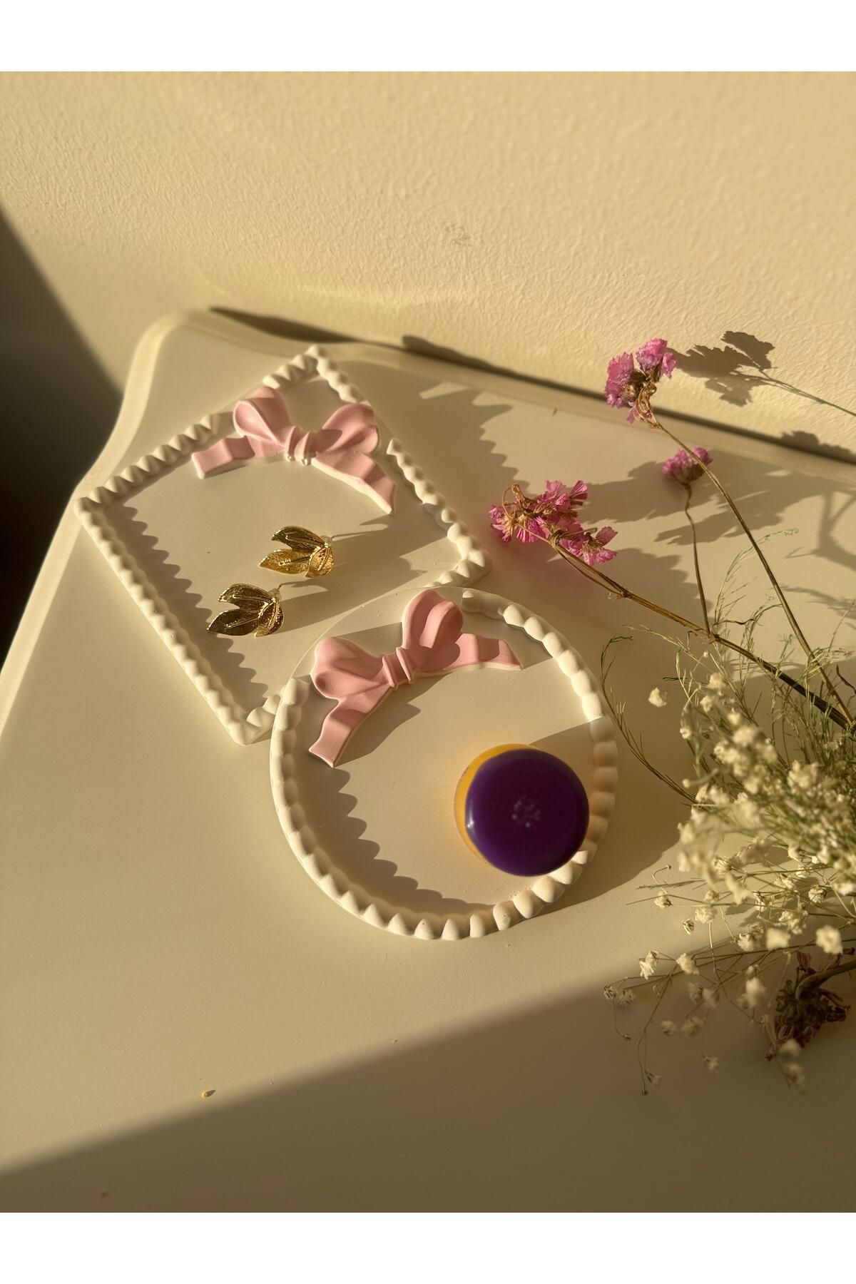 beautystyle Fiyonklu Takı Tepsisi-Çok Amaçlı Aksesuar Küpe-Kolye-Ev dekorasyon Düzenleyici-Pembe Fiyonklu
