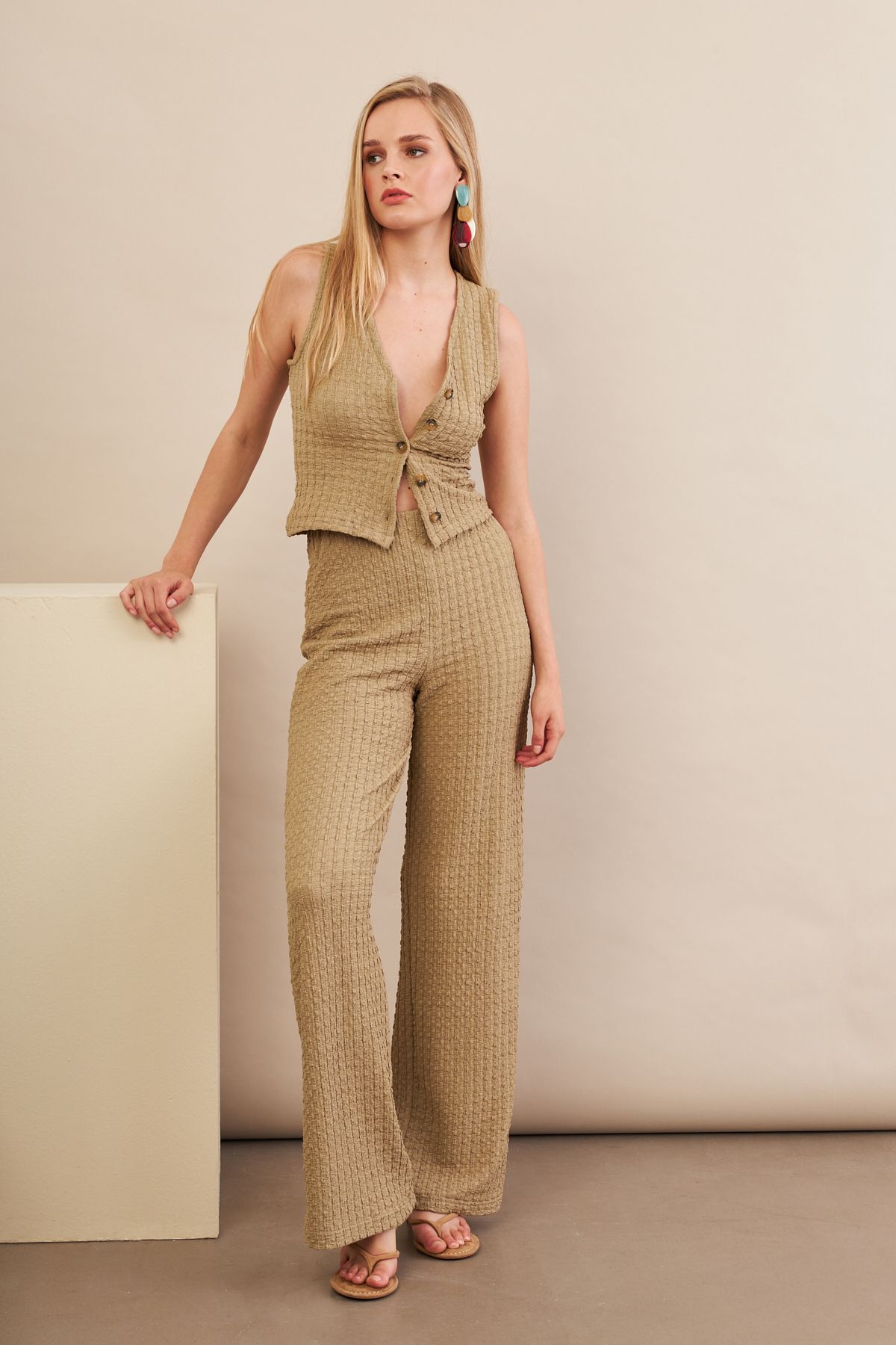 Cool & Sexy Kadın Haki Gofre Yelek Pantalon Takım FLU330