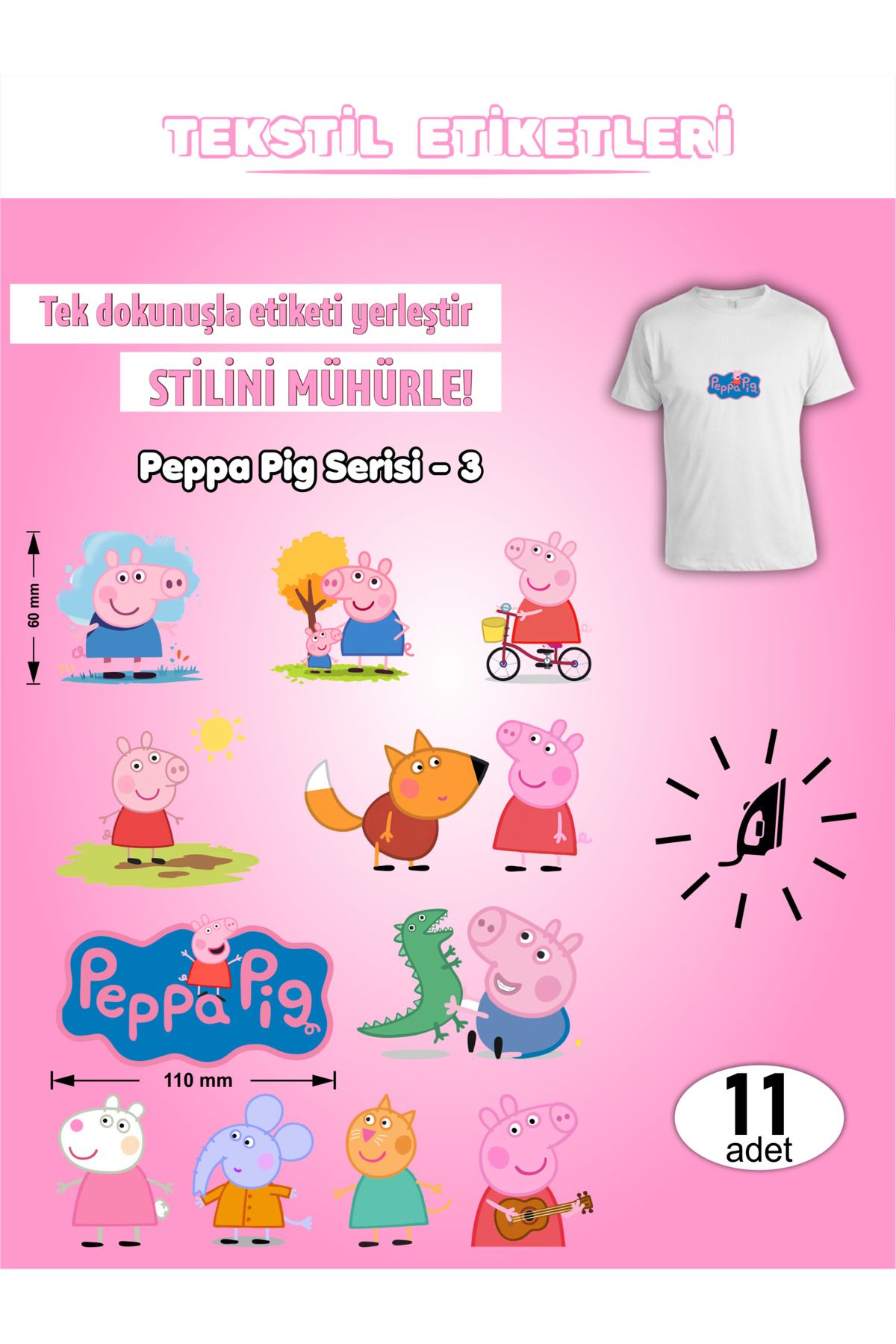 AGG Reklam Ütü ile Yapışan Kıyafet Etiketi Peppa Pig Serisi-3 11Li Set