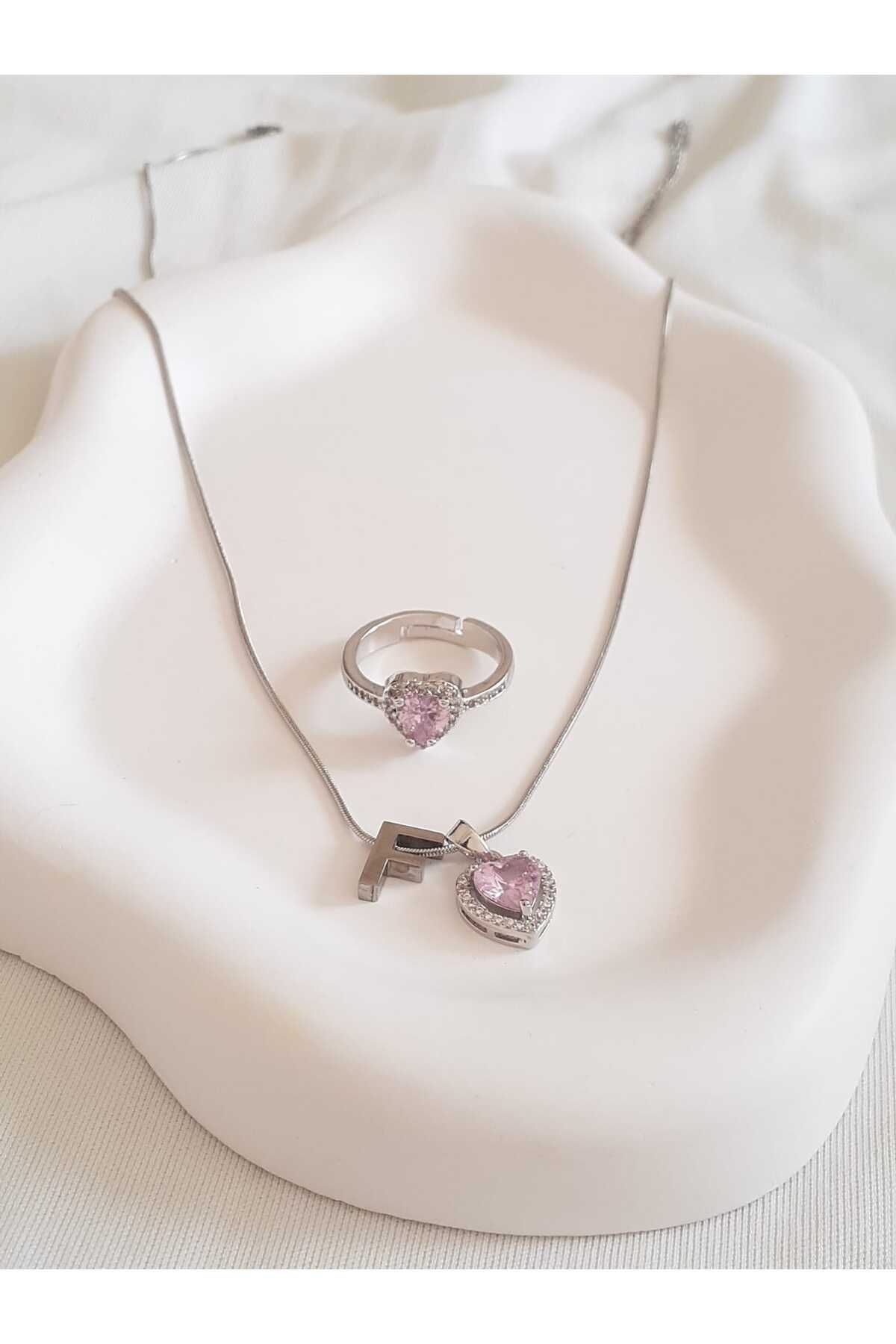 bijoux uniques Çelik F Harfli Pembe Kalpli Kolye&Yüzük Seti