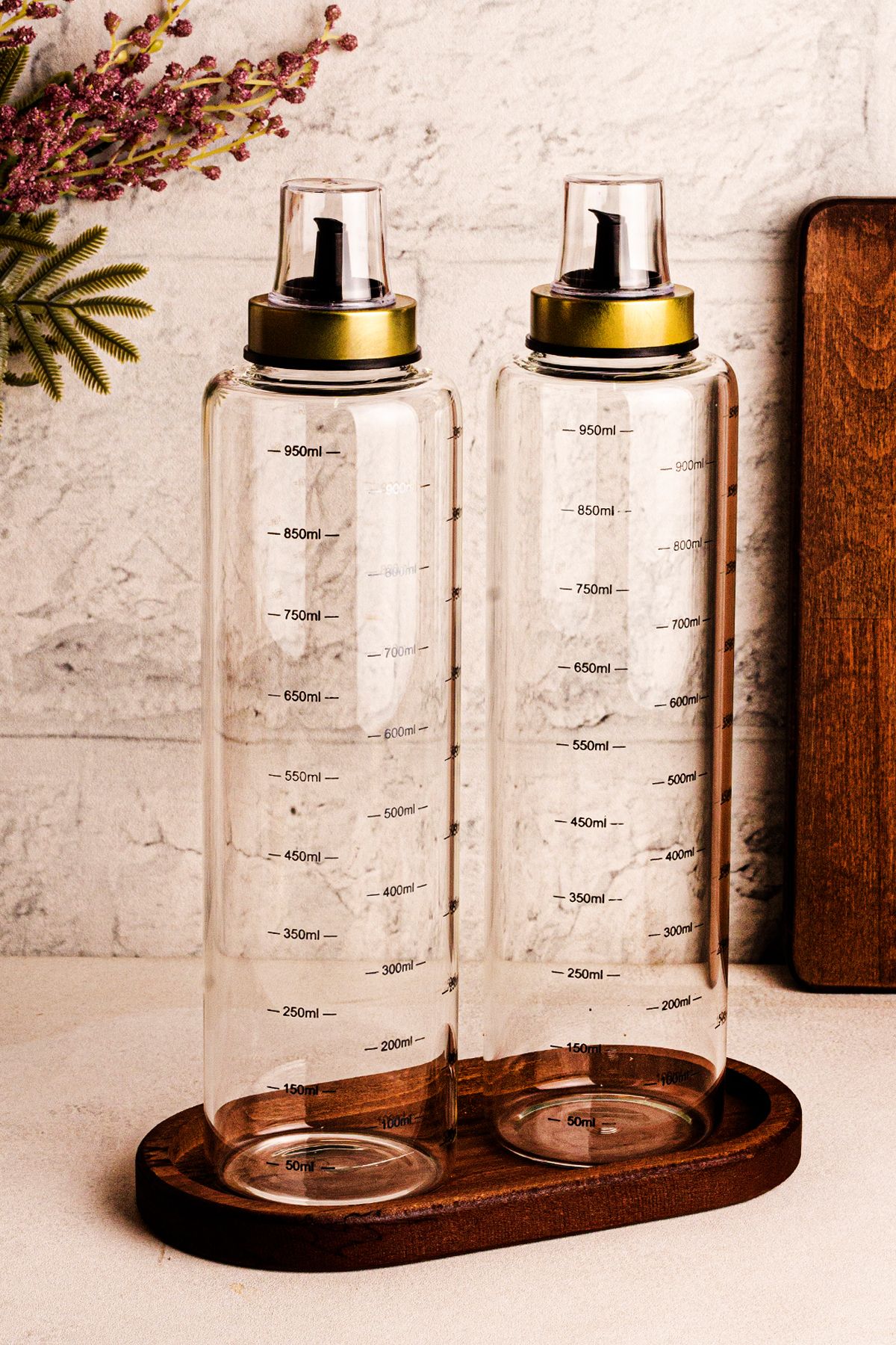 Snippy Bottle - 3 Parça Ahşap Standlı Damlatmaz 1 Lt Cam Yağdanlık Borosilikat Yağlık Sirkelik 1000ml