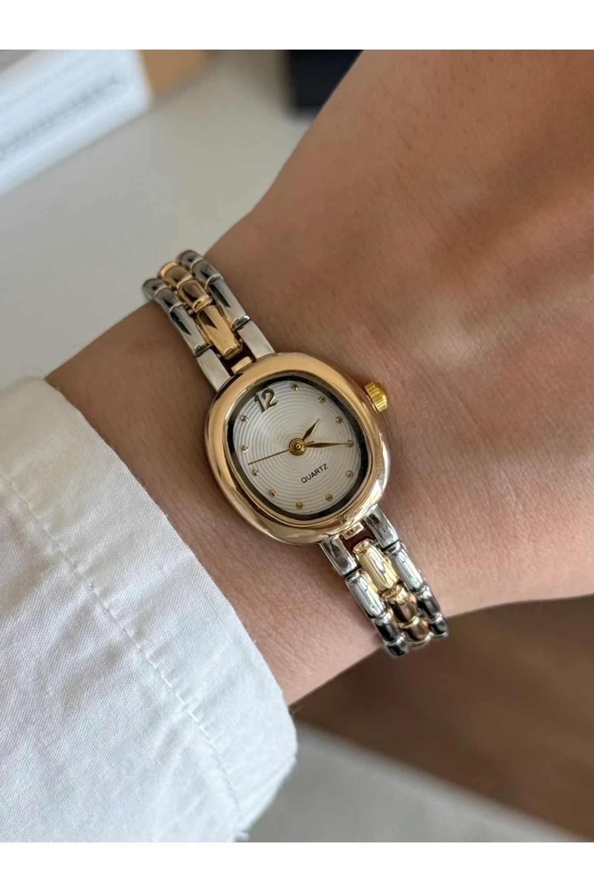 RoseandRoses Damie Minimal Vintage Model Kadın Kol Saati Gold-Gümüş (Beyaz Kadran)