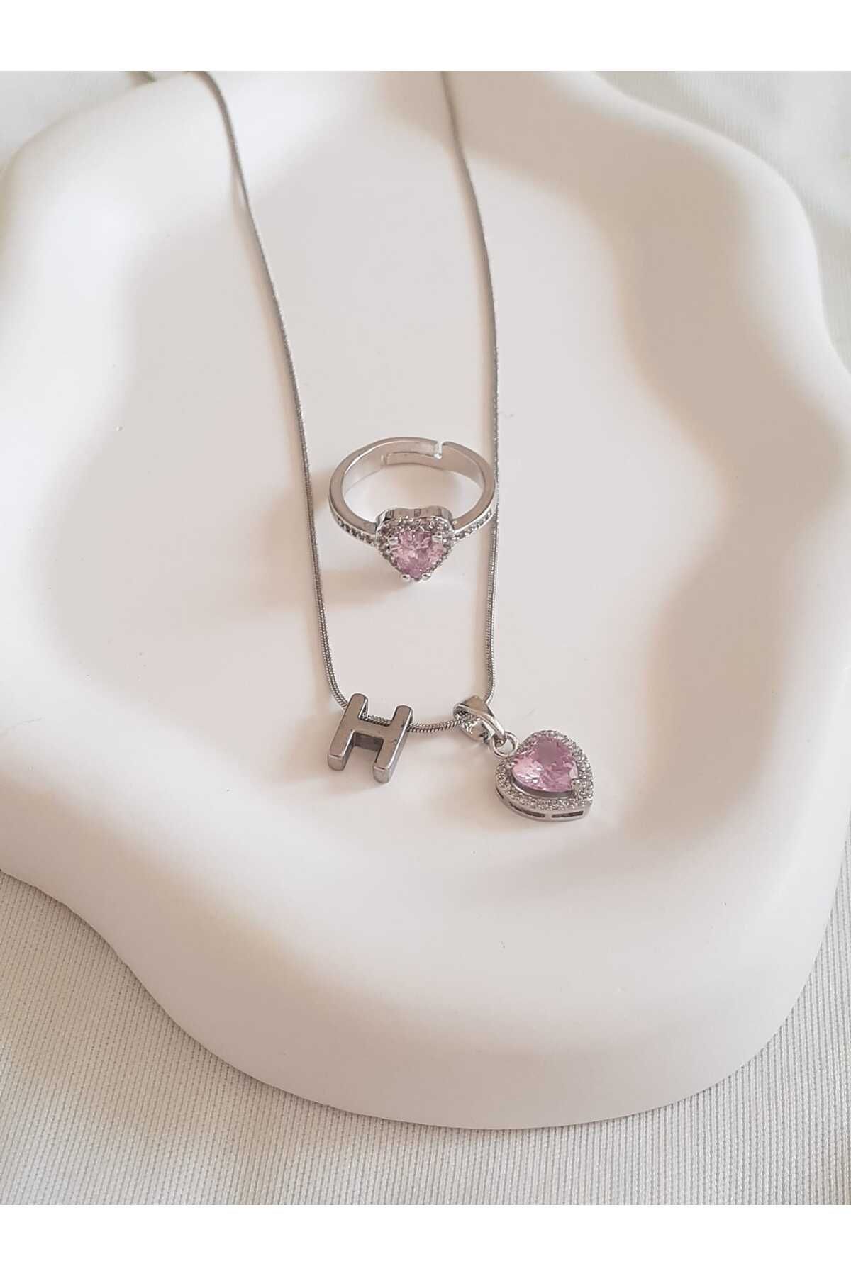 bijoux uniques Çelik H Harfli Pembe Kalpli Kolye&Yüzük Seti