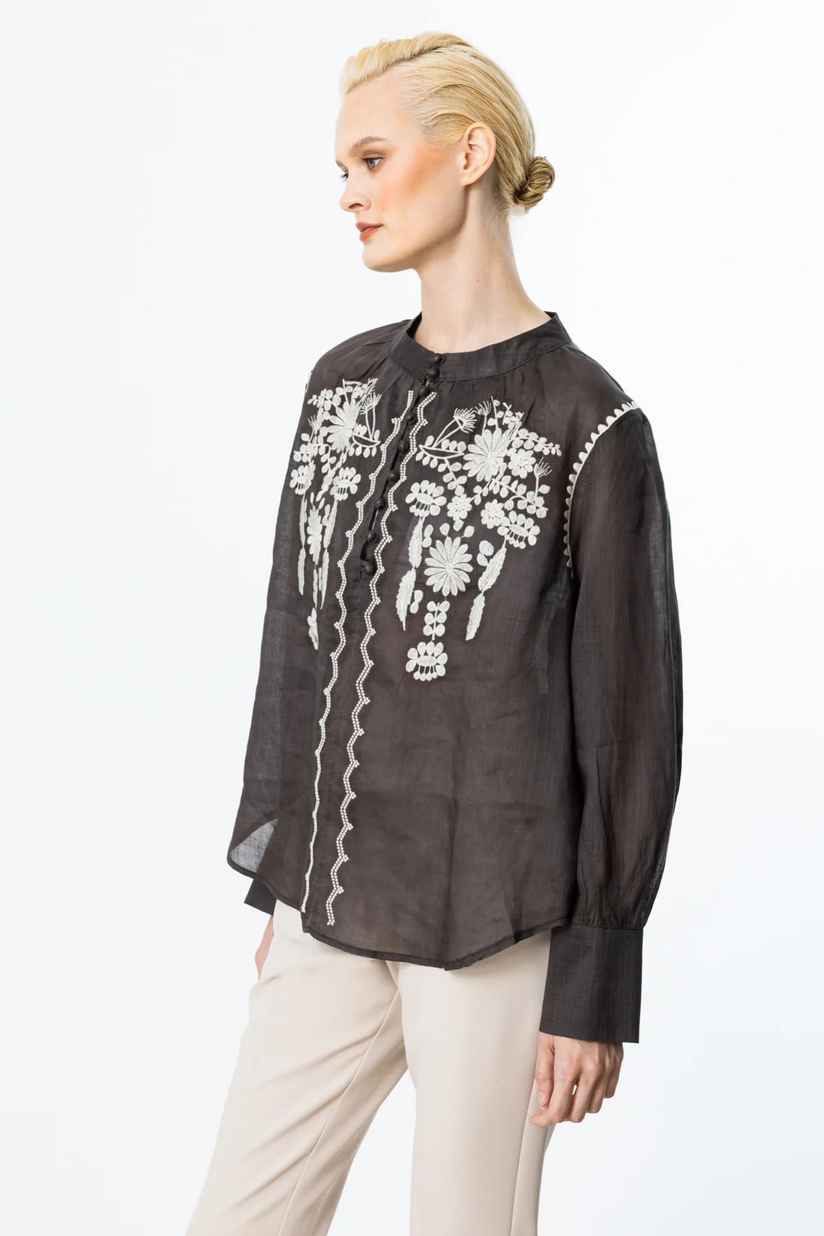 Ekol-Button Front Embroidered Linen Blouse Cocoa 3