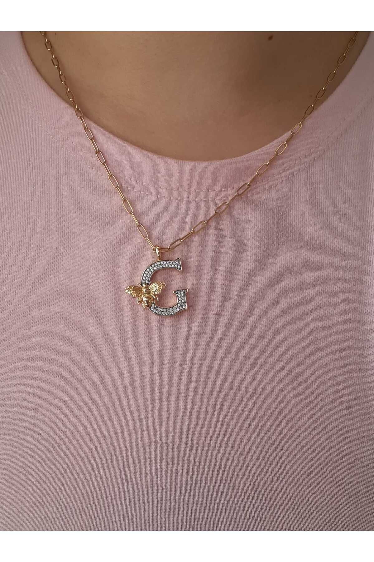 bijoux uniques G Harfli Arı Figürlü Çelik Kolye