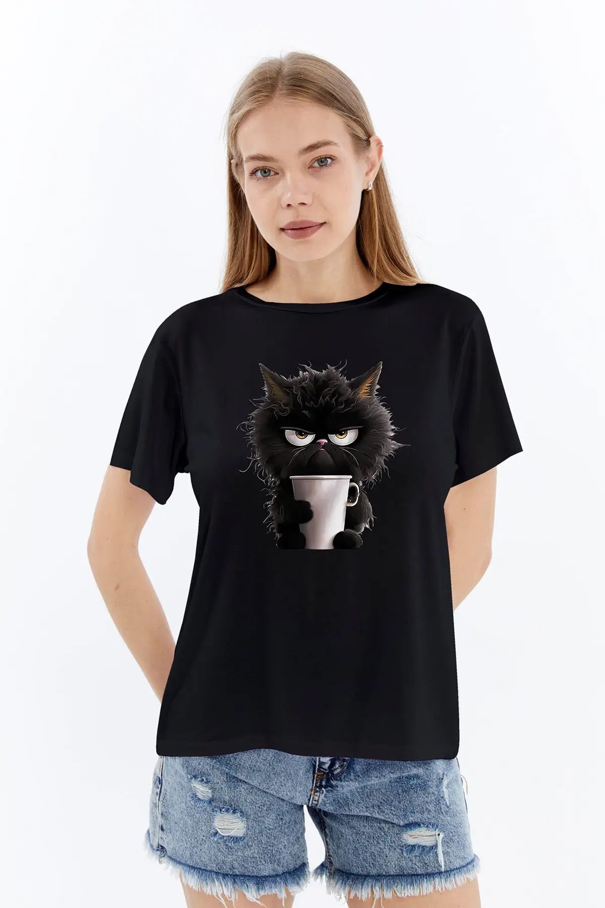 MYFORA 3D Kızgın Kedi Baskılı Viskon Kadın Tişört | Rahat Kesim