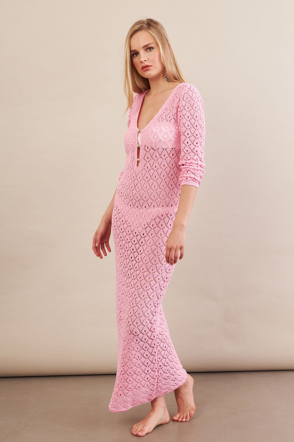 Cool & Sexy Kadın Pembe Aksesuarlı Triko Plaj Elbisesi KZ3237-90