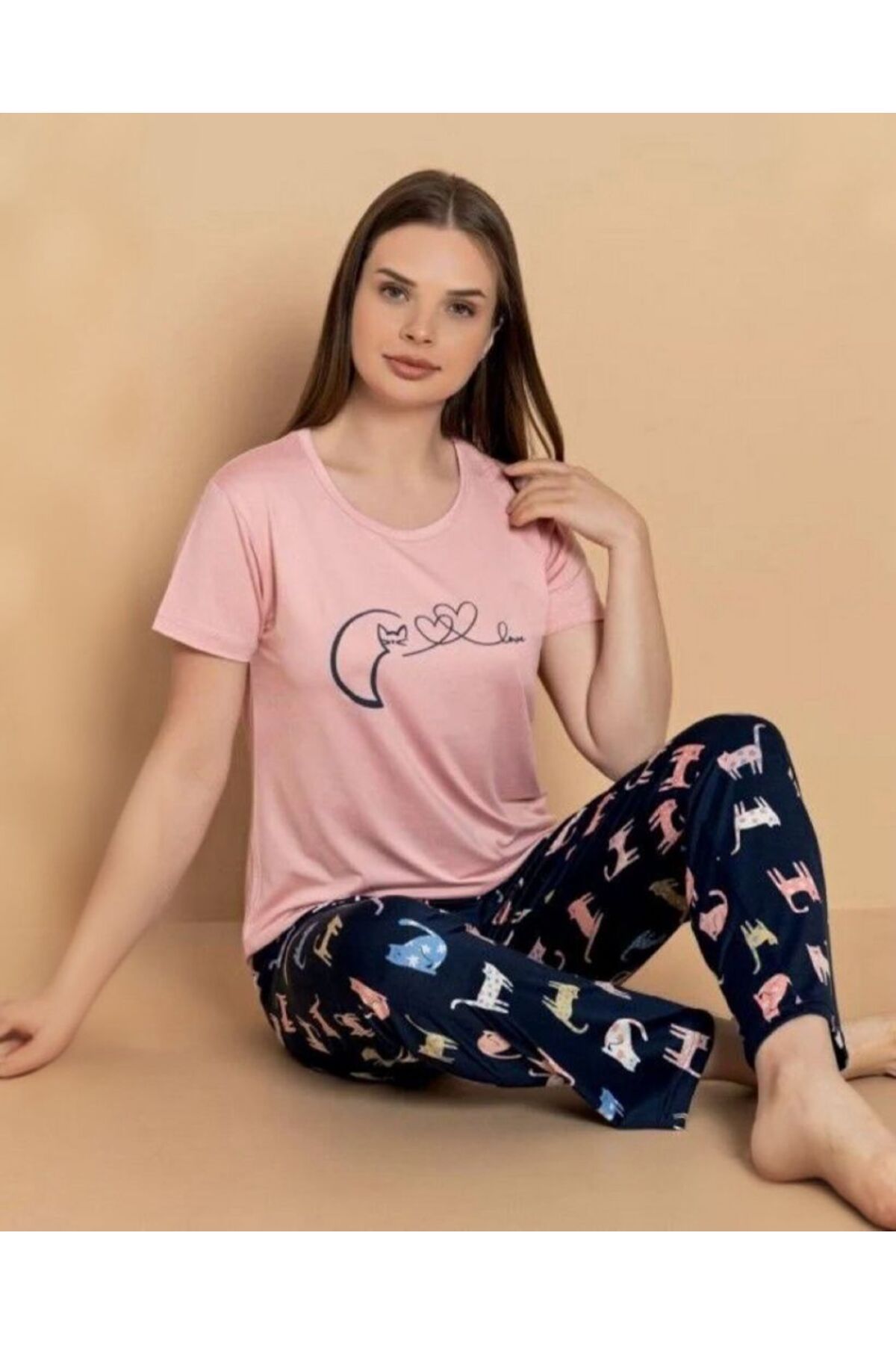 OMODAM Kadın Kısa Kol Viskon/Milan Kumaş Pijama Takımı