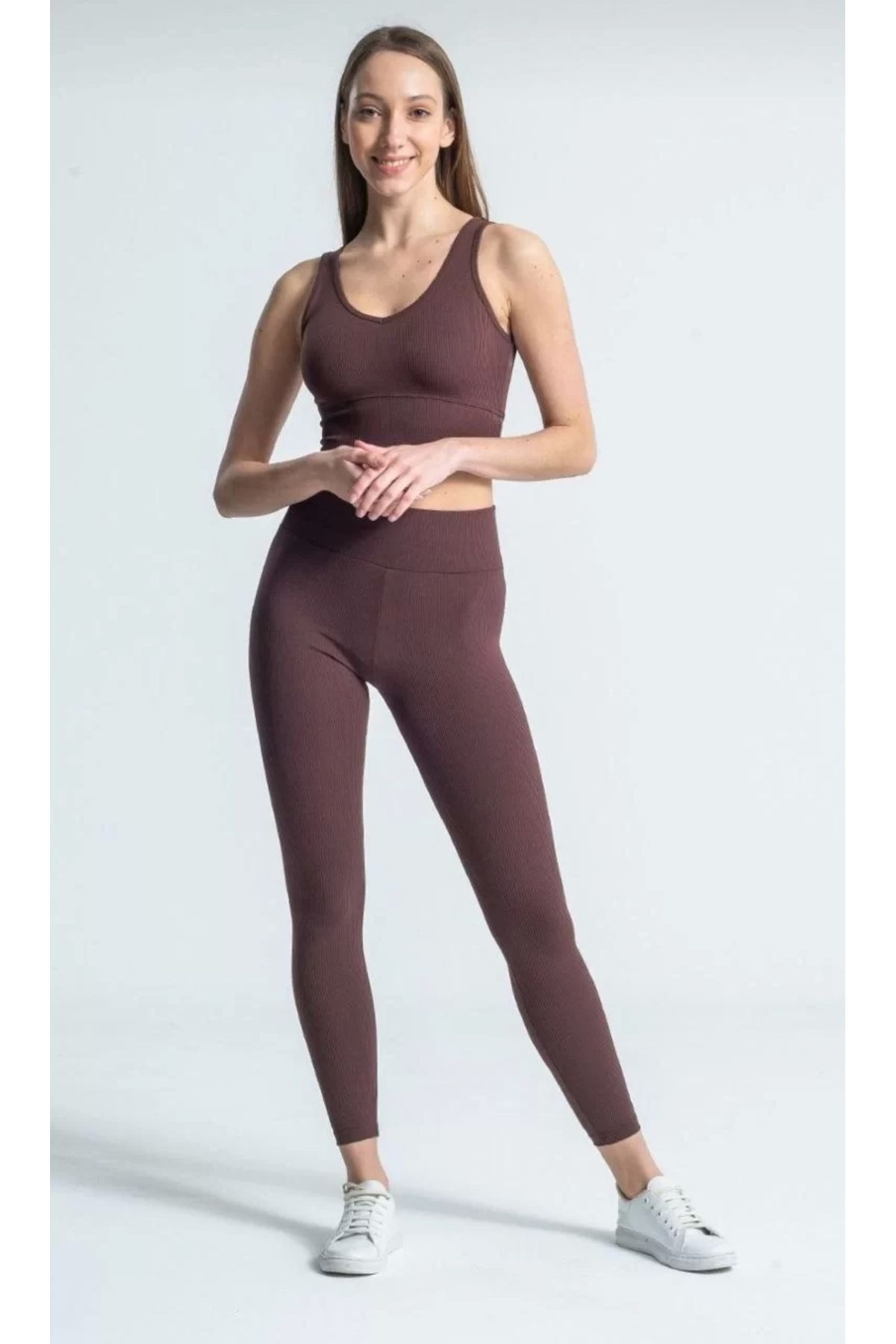 BÜŞRA TEZEL MODA Kadın Yüksek Bel Fitilli Tayt - Kahverengi