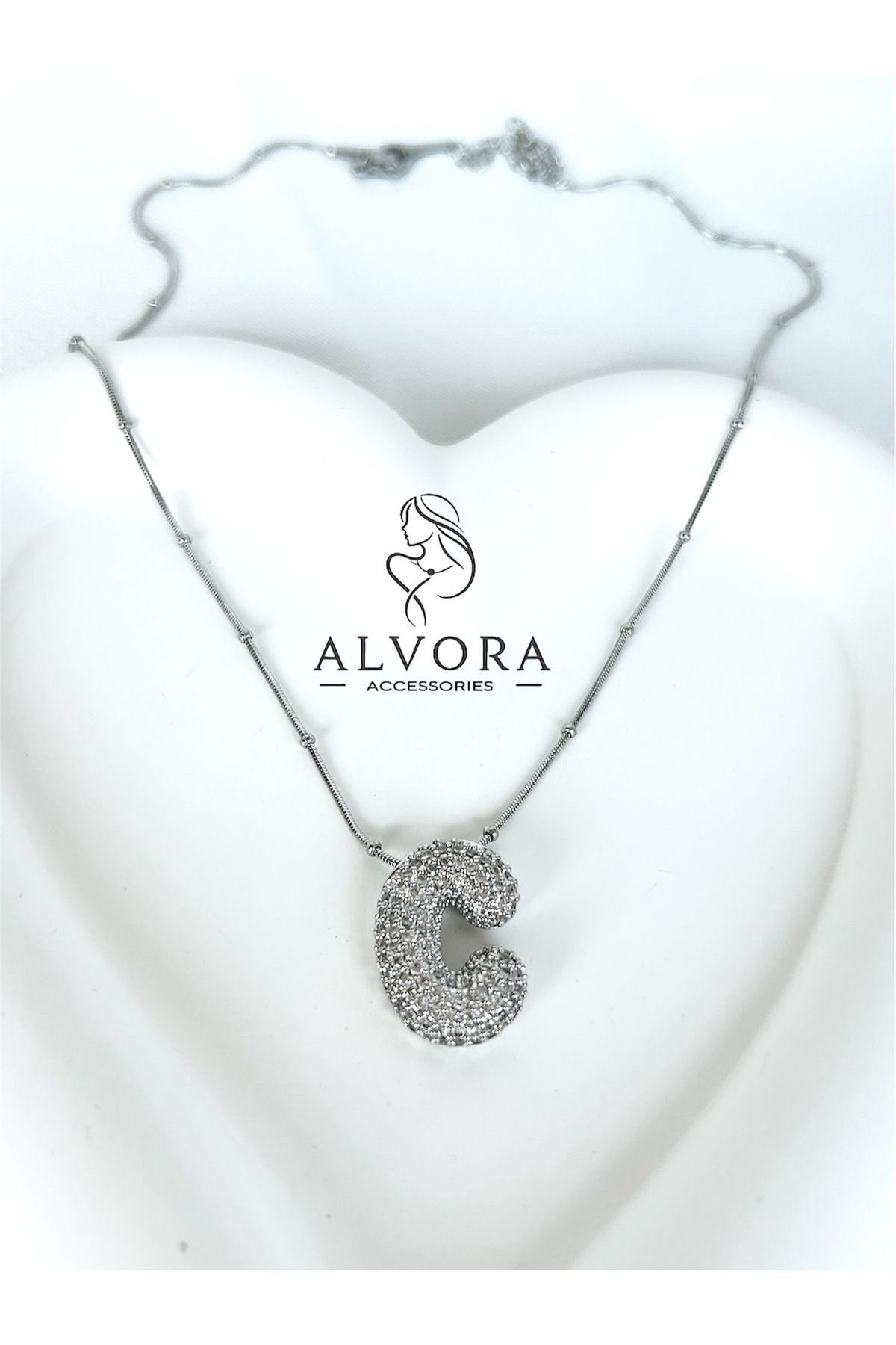 Alvora Accessories C Harfi Paslanmaz Çelik Zirkon Detaylı Harf Kolye