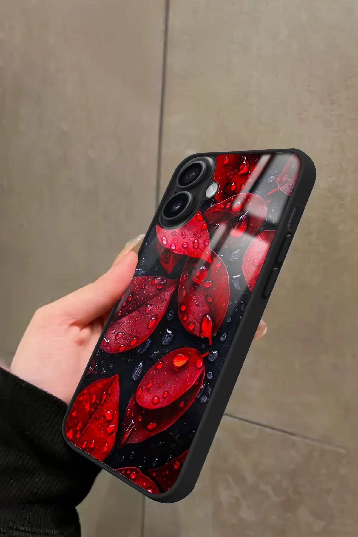 Snacase iPhone 16 Plus Uyumlu Kırmızı Yaprak Tasarımlı Glossy Premium Kılıf