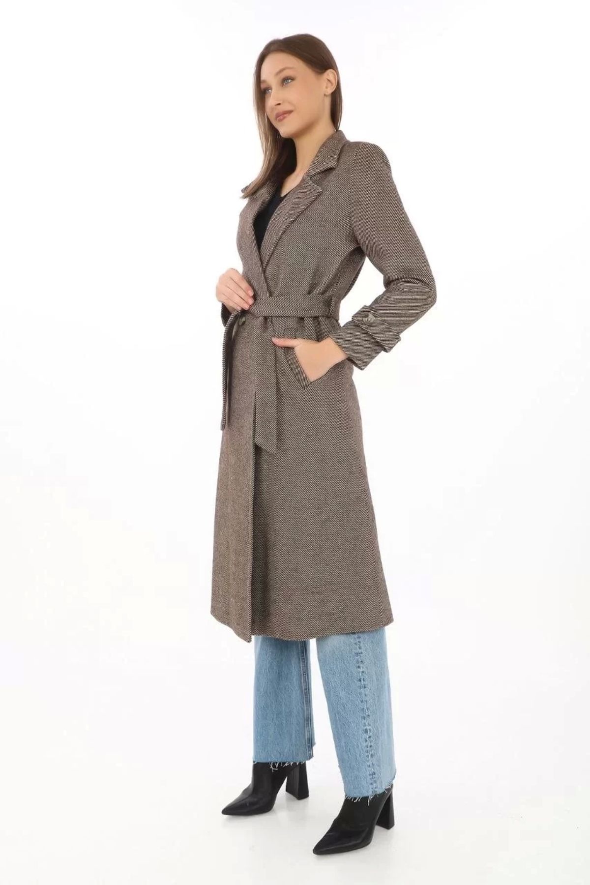 BÜŞRA TEZEL MODA Kadın Astarlı Balık Sırtı Kaşmir Kaşe Kaban - Vizon